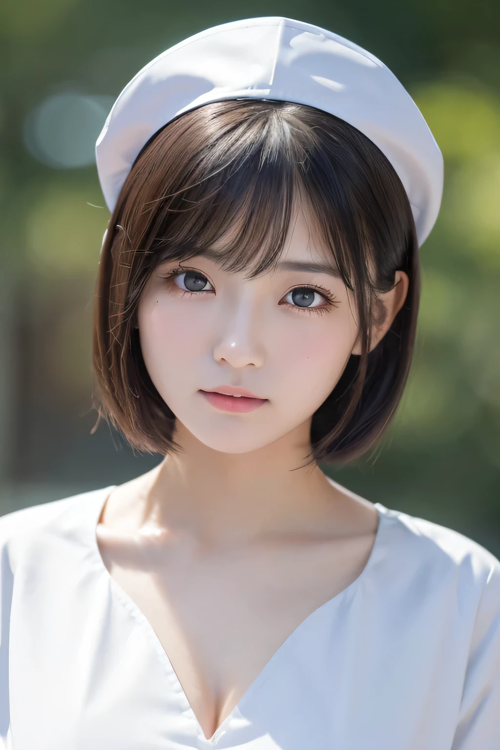 (1 Girl)、(Beautiful Japanese、18years old,round face、Refreshing、clear、seems kind、stylish、Pitiful、cute like an angel、cute、black eyes、,actress,Almond-shaped eyes,Translucent white skin、Beautiful skin), Good style , (((Beautiful big breasts:1.2))),(((soft breasts))),(very cute),(Black hair),(short bob hair),(enchanting eyes),(highlight on eyes:1.2)、(8K、Live shooting、highest quality、masterpiece:1.2、optimal lighting)、((masterpiece)),(Photo taken by a professional photographer),(real、photo real:1.4),break,{ (White nurse costume),(((taraditional nurse uniform)))},(tears:1.4))(cheeks are red:1.2), break, break,Old abandoned hospital,Face shot:1.3、looking at viewer, face close-up,Looking up、Cleavage:1.6、Crying in tears,(((Looking back))),