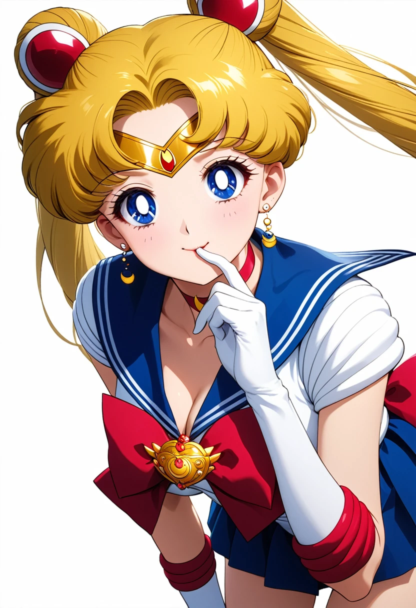 (masterpiece, highest quality, so beautiful, Super detailed), Intricate details, 4K, brother, Long Hair, Double good, Twin tails, Parted bangs, tiara, Earrings, blue eyes, Red choker, Blue sailor collar, Red Bow, White shirt, Elbow hand pockets, White gloves, Blue Skirt, smile, be quiet, Leaning forward, Upper Body, Put your finger to your mouth, White background
