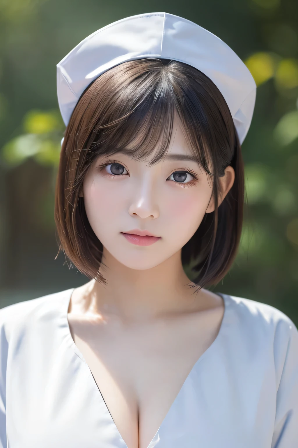 (1 Girl)、(Beautiful Japanese、18years old,round face、Refreshing、clear、seems kind、stylish、Pitiful、cute like an angel、cute、black eyes、,actress,Almond-shaped eyes,Translucent white skin、Beautiful skin), Good style , (((Beautiful big breasts:1.2))),(((soft breasts))),(very cute),(Black hair),(short bob hair),(enchanting eyes),(highlight on eyes:1.2)、(8K、Live shooting、highest quality、masterpiece:1.2、optimal lighting)、((masterpiece)),(Photo taken by a professional photographer),(real、photo real:1.4),break,{ (White nurse costume),(((taraditional nurse uniform)))、(Fit)},(tears:1.4))(cheeks are red:1.2), break, break,Old abandoned hospital,Face shot:1.3、looking at viewer, face close-up,Looking up、Cleavage:1.6、It's blurry、(((Looking back))),Weak face,From below,(((dynamic angle)))、(((Hand on cheek)))