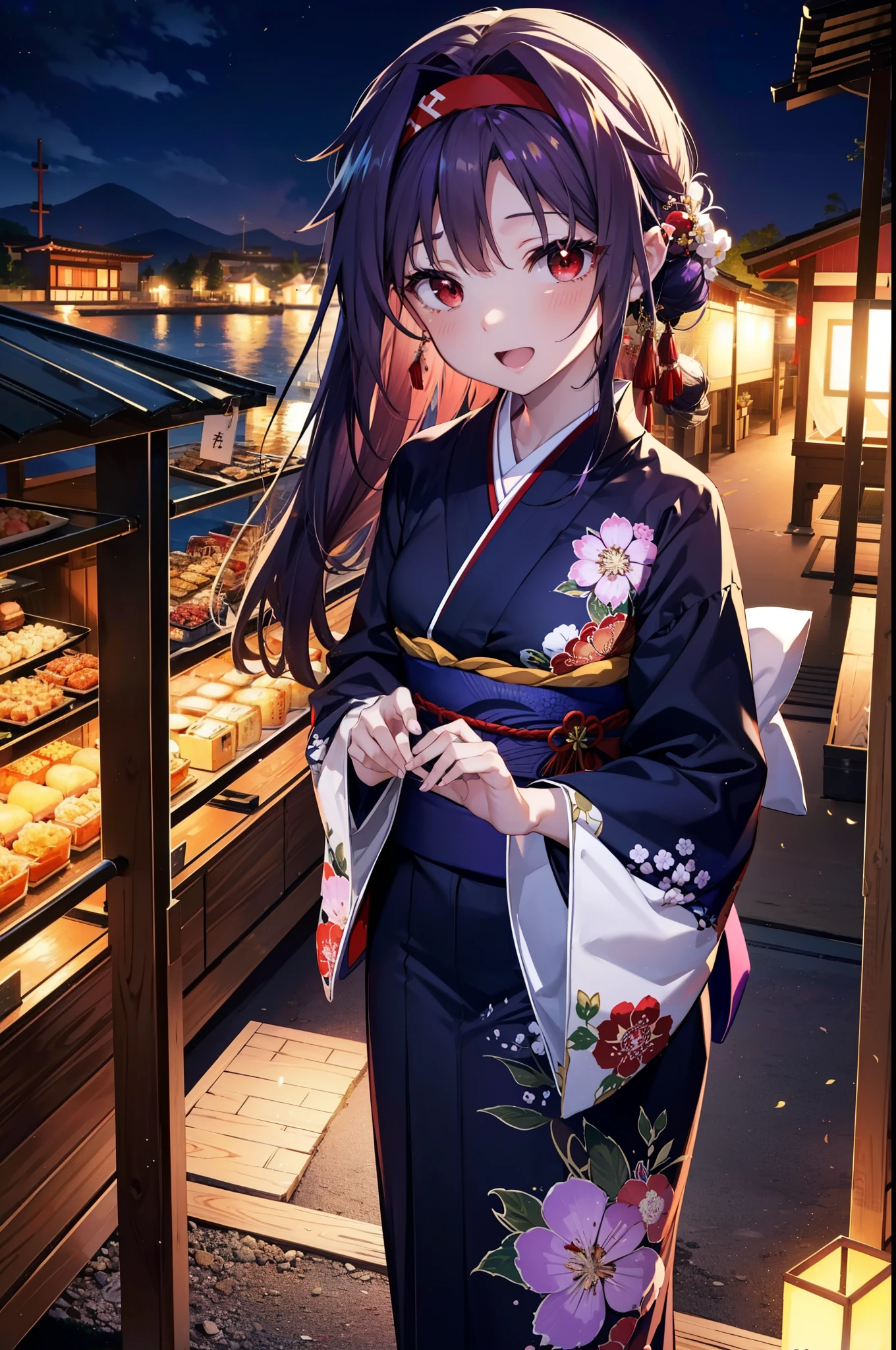 yuukikonno, Konno Yuuki, hair band, Long Hair, Pointed Ears, Purple Hair, (Red eyes:1.5), (Small breasts:1.2), Open your mouth,Open your mouth,Long Hair,happy smile, smile, Open your mouth,Purple Kimono,Long sleeve,Sandals,night空の花火,Fireworks display,Japanese Festivals,Summer festival food stalls,Red Lantern, night,whole bodyがイラストに入るように,Looking down from above,
break outdoors, shrine, break looking at viewer,whole body,(Cowboy Shot:1. 5)
break (masterpiece:1.2), highest quality, High resolution, unity 8k wallpaper, (shape:0.8), (Beautiful and beautiful eyes:1.6), Highly detailed face, Perfect lighting, Highly detailed CG, (Perfect hands, Perfect Anatomy),