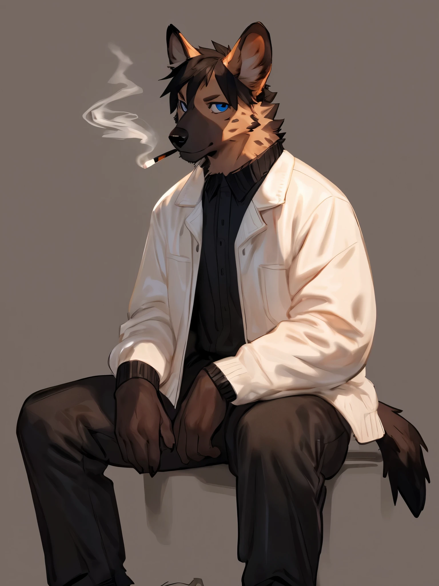 (score_9, score_8_up, score_7_up), masterpiece, best quality, hi_res, source_furry, anthro, kemono, male, solo, white_fur, white_skin, milkytiger1145, smoking, decadently, chill, white_background, white, full_body