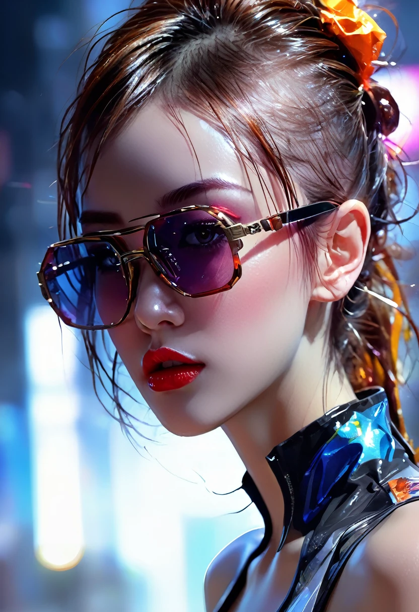 Design a digital artwork featuring a futuristic femme fatale with sleek, reflective glass glasses and a smooth, high-tech texture, centered, approaching perfection, dynamic, highly detailed, artstation, concept art, smooth, sharp focus, illustration, art by Carne Griffiths and Wadim Kashin, graffiti airbrushing techniques, high definition, accent lighting, contrasted with bright paint colors