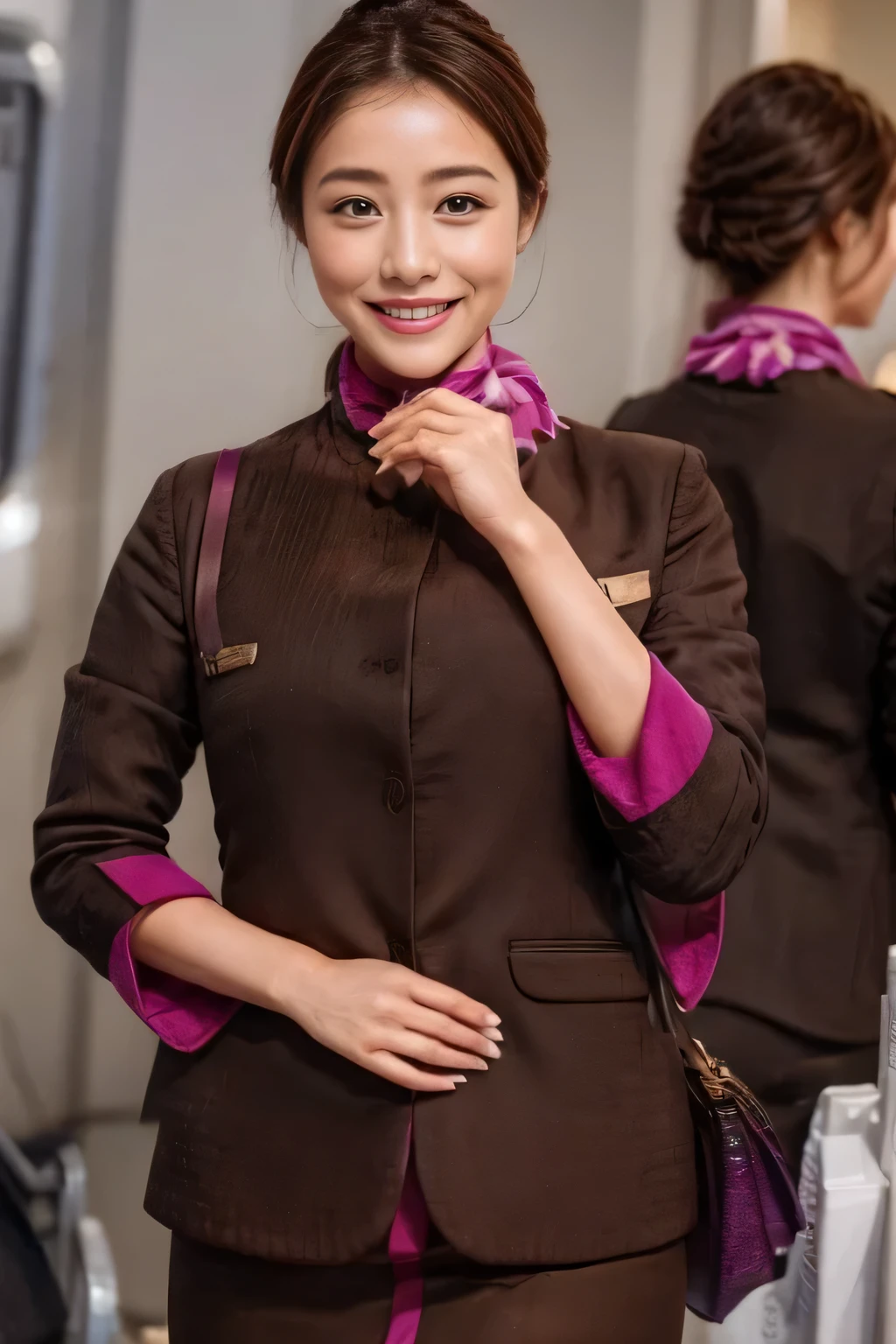 (masterpiece:1.2、highest quality:1.2)、32K HDR、High resolution、(alone、1 girl、Slim figure)、(A realistic reproduction of the ETIHAD Airways Cabincrew Uniform)、 (On board, Professional Lighting)、Background on board、A proper woman, Beautiful Face,、(Long sleeve ETIHAD Airways Cabincrew Uniform)、(ETIHAD Airways Cabincrew Uniform skirt with purple stripe on the front)、(scarf on chest)、Big Breasts、(Chignon、Long hair updo、Hair Bun)、Dark brown hair、Long Shot、((Great hands:2.0))、((Harmonious body proportions:1.5))、((Normal limbs:2.0))、((Normal finger:2.0))、((Delicate eyes:2.0))、((Normal eyes:2.0)))、Beautiful standing posture、smile、Place your hands around your stomach