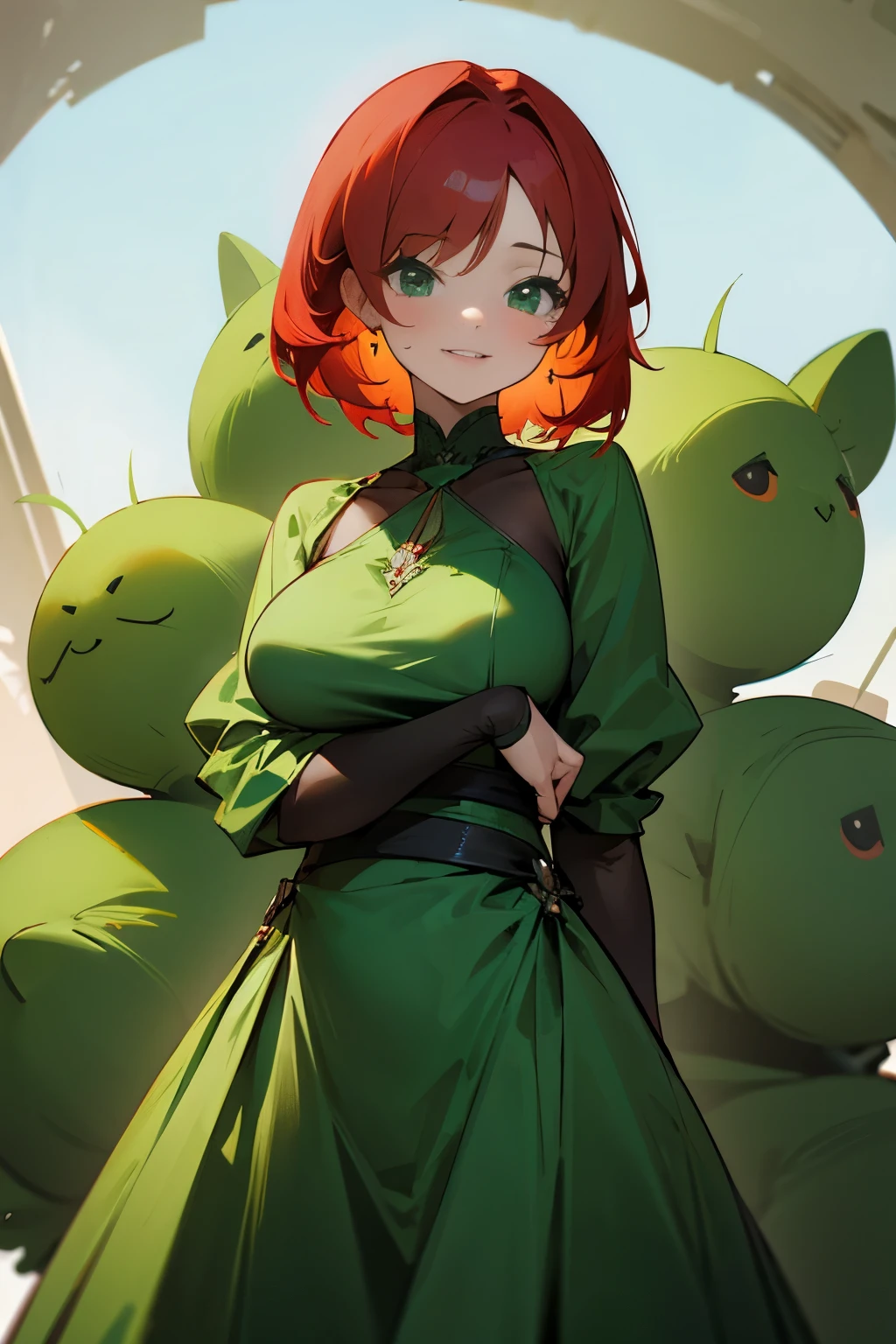 Cute girl, short red hair, green dress , big breasts,