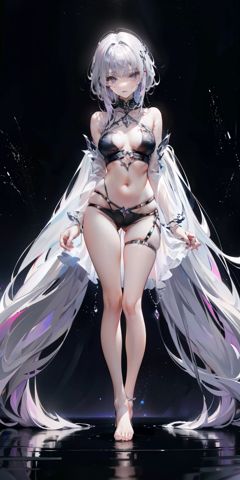 Light purple gradient hair,asymmetrical hair,((Thick hair 1.8,chiseled head 1.6)), Shoulder-length hair, messy hair, Very long hair, shiny hair,(long gray hair:1.2),A beautiful girl,(Luxury platinum mini short platinum ta,Made of transparent material),(Transparent clothes transparent 1.8),Perfect body,Navel,Big thin legs,Slim,(看起来很sad,Haggard face ,sad,shut your mouth:1.2) Against the background of an unusually bright dark starry sky,(Put your hands behind your back),(round,Room, Firm breasts),barefoot,float,water surface,(Long legs,Long legs,Long legs,Gestalt),full-body shot。
