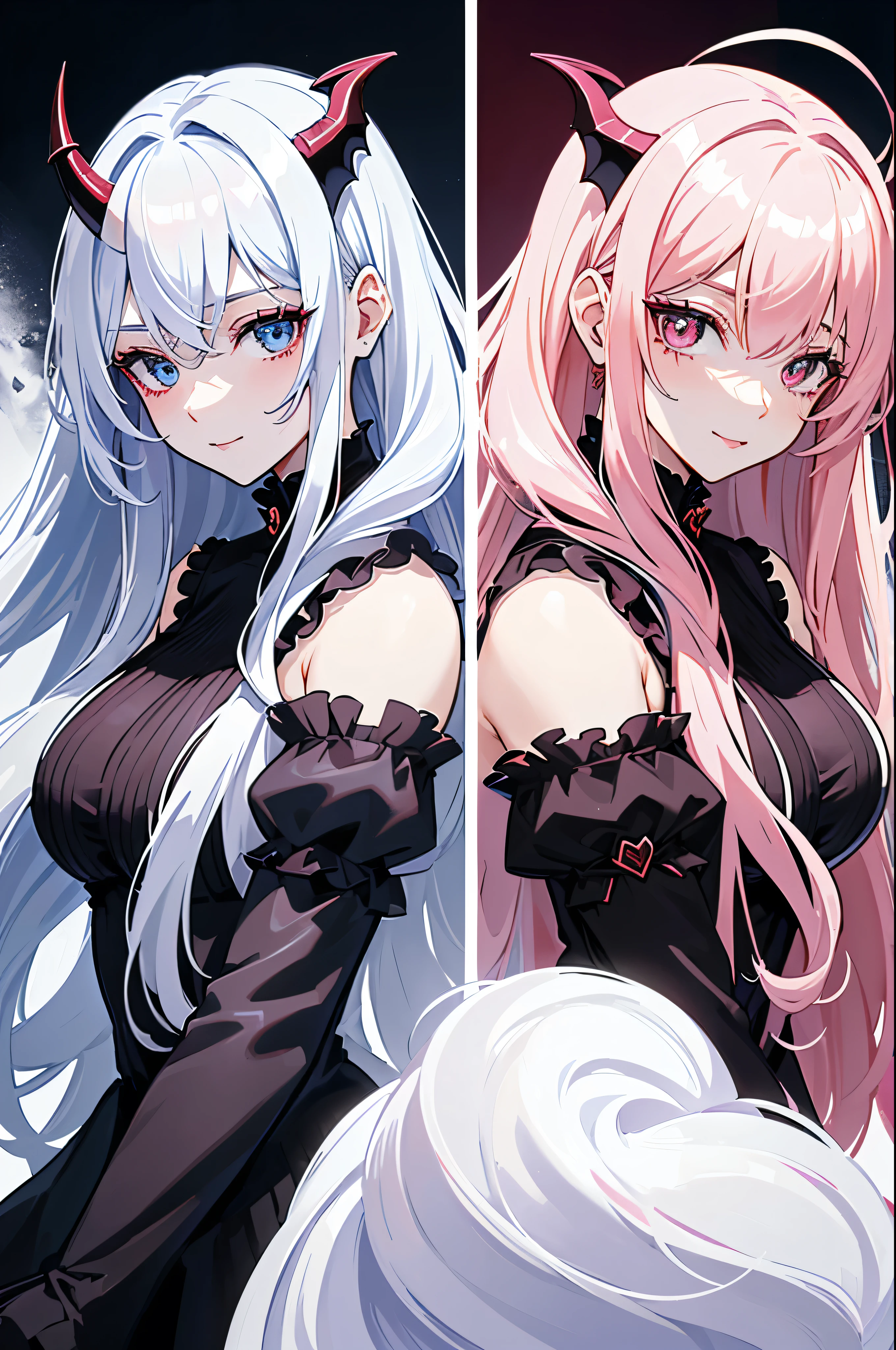 Cover magazine. Yuri couple. GL. One is a human girl (long white hair, blue eyes, no horn). One is a mature (vampire woman, demon horns, red eyes, long pink hair, wavy hair, Big breasts, older). Both of them love each other. The one with pink hair is older. Zoom in. Half body. Upper body. Smile