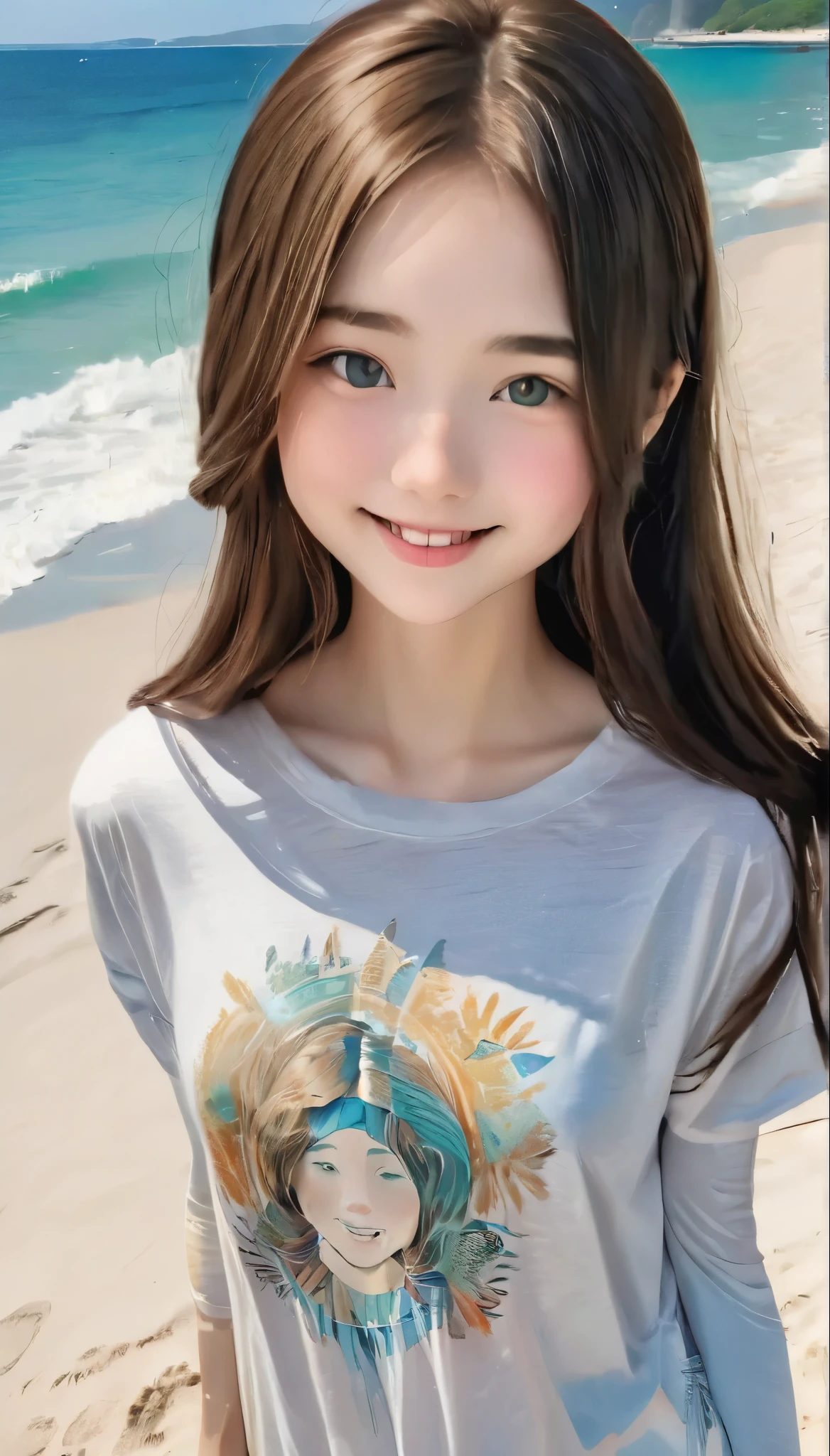 Long Hair, smile, Surrealism, UHigh resolution, Accurate, Anatomically correct, cute１６Year old girl、16 years old、Textured skin, Very detailed, Attention to detail, highest quality, High resolution, (On a wide beach), Paradise Background, B cup breasts, She seen from below, (Oversized Long T-Shirt:1.3),