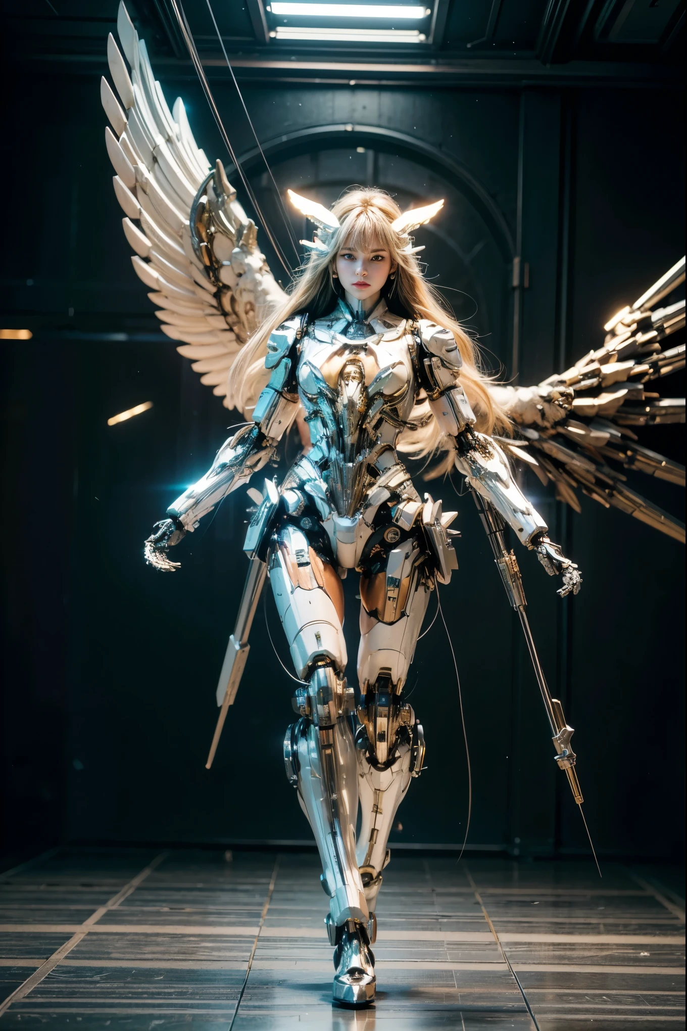 top-quality、masterpiece、超A high resolution、(Photorealsitic:1.4)、Raw photo、Steampunk Battle Cyborg Angel、large wings made of metal、White porcelain body、Acrylic Clear Cover、white hair、glowy skin、1 Cyborg Girl、((super realistic details))、portlate、globalillumination、Shadow、octan render、8K、ultrasharp、character edge light,Colossal 、Raw skin is exposed in cleavage、Details of complex ornaments、Sumerian details、Hydraulic cylinder、Small LED lamp、highly intricate detail、Realistic light、a purple eye、radiant eyes、Facing the camera、neon details、((full body))、Futuristic headgear、About Cyberpunk、、