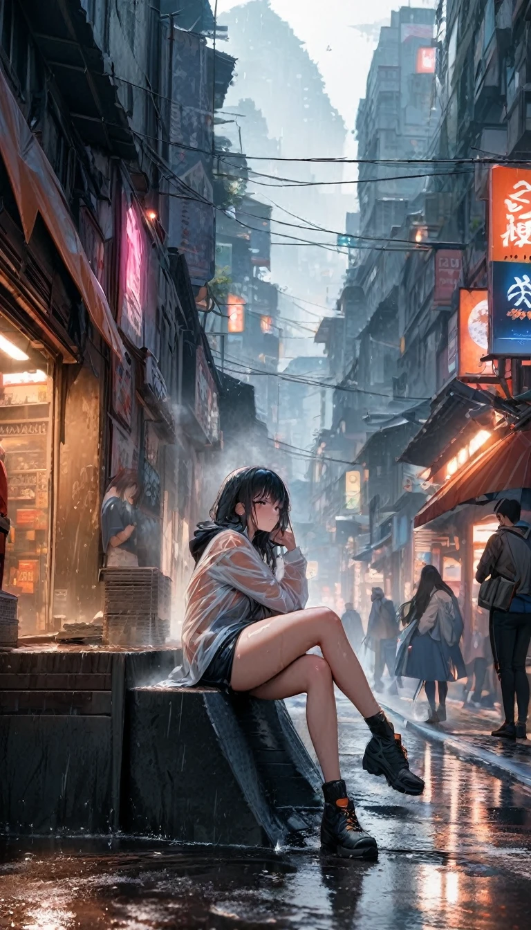 The best of Masterpiece, the best of landscapes on city, Improved quality, the best of shadow, High quality, Good anatomy, Healthy body, Whole fingers, Normal digits, 16k quality image, Girl, beautiful girl, perfect body, full body, perfect girl, perfect skin, wet clothes, heavy rain, thunder strike, she's cold, hard breath, empety eyes, she sit on beside the road, pose tuck sitting, on the city, there are many people passing by,