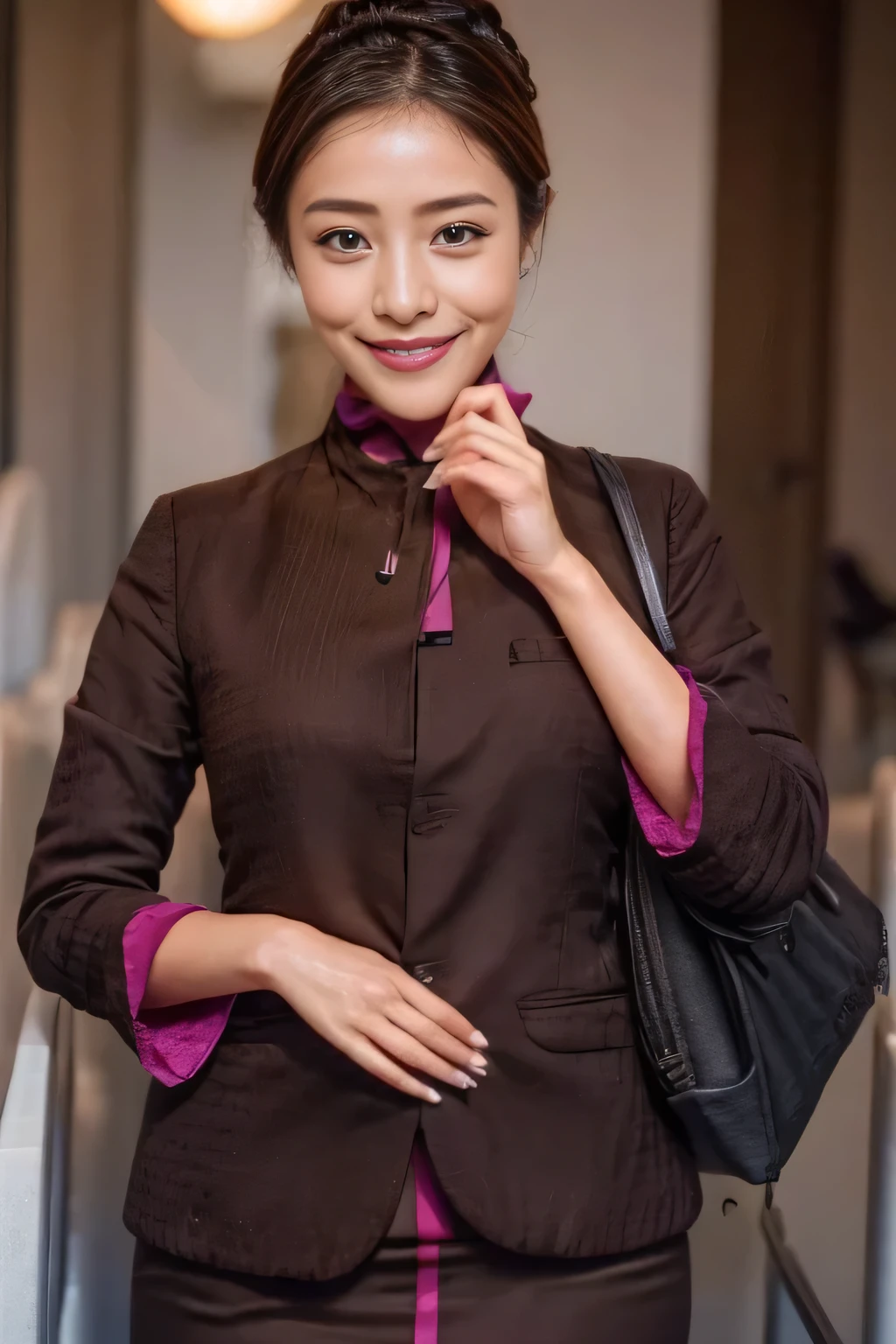 (masterpiece:1.2、highest quality:1.2)、32K HDR、High resolution、(alone、1 girl、Slim figure)、(A realistic reproduction of the ETIHAD Airways Cabincrew Uniform)、 (On board, Professional Lighting)、Background on board、A proper woman, Beautiful Face,、(Long sleeve ETIHAD Airways Cabincrew Uniform)、(ETIHAD Airways Cabincrew Uniform skirt with purple stripe on the front)、(scarf on chest)、Big Breasts、(Chignon、Long hair updo、Hair Bun)、Dark brown hair、Long Shot、((Great hands:2.0))、((Harmonious body proportions:1.5))、((Normal limbs:2.0))、((Normal finger:2.0))、((Delicate eyes:2.0))、((Normal eyes:2.0)))、Beautiful standing posture、smile、Place your hands around your stomach