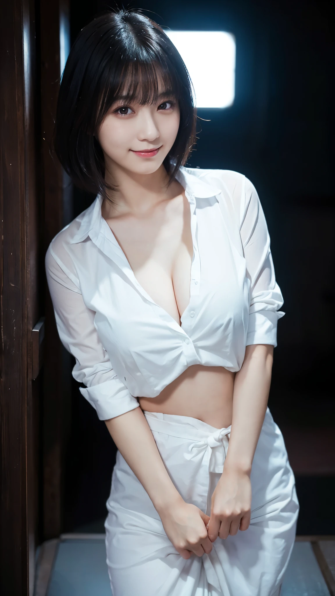 (highest quality,masterpiece:1.3,Ultra-high resolution),(Super detailed,Caustics,8k), (Photorealistic:1.4, RAW shooting),darkness,Dark studio,Japanese,20-year-old,smile,Natural Makeup,Black Hair Middle Hair,(White shirt),Big Breasts,Spotlight,Waist up shot,