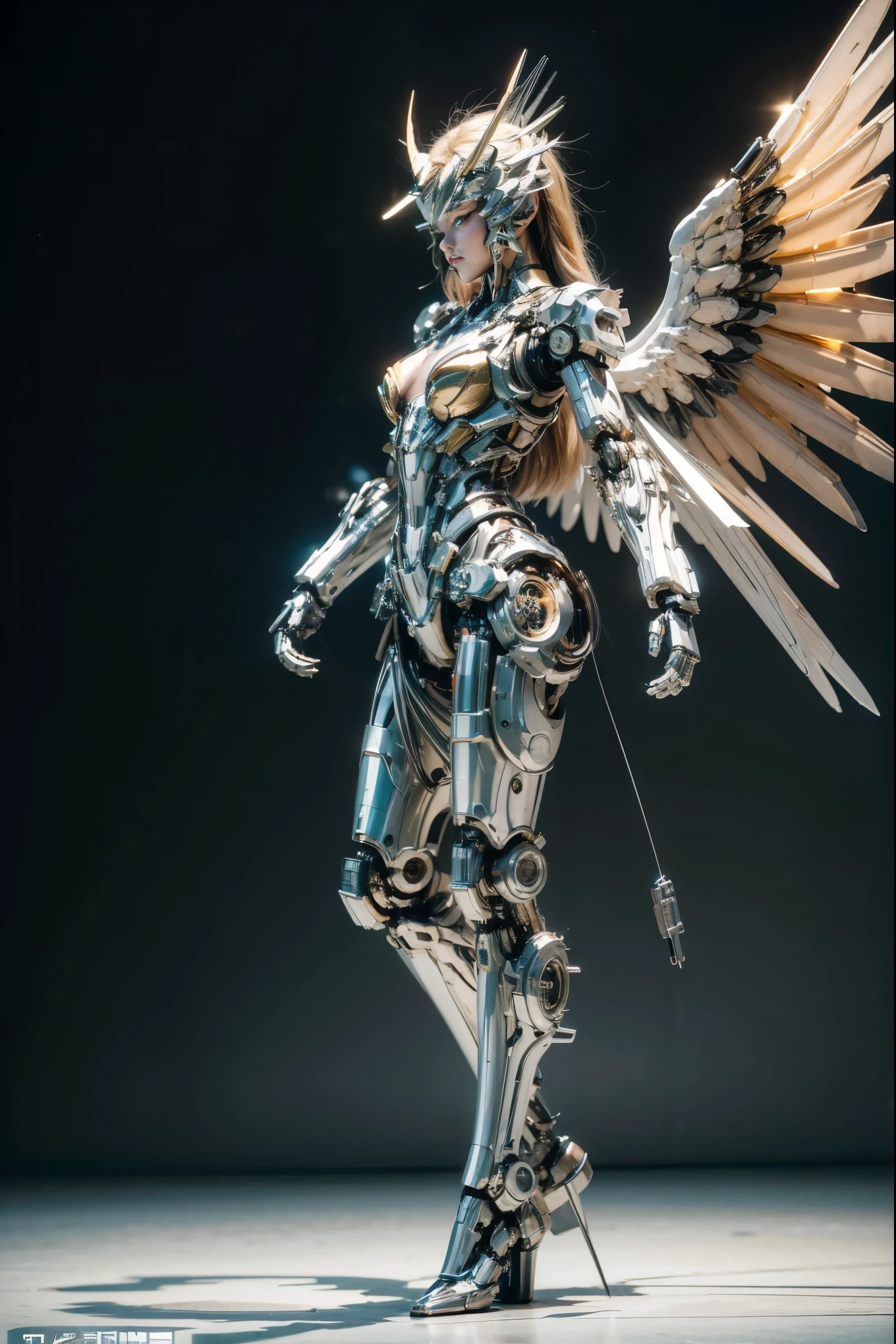 masterpiece, best quality, movie,official art, promotional art, movie wallpaper, extremely detailed CG unity 4k wallpaper, intricate details, white background, full body, concept art, production art, (Mechanical components:1.5),(mechanical prosthesis:1.5), mechanical wings, wings, highres, (realistic, photo-realistic:1.2), physically-based rendering, machinery, reflection, realistic, cyberpunk, symmetric front view close up head shot eyes symmetry face very sharp focus realistic award winning matte drawing cinematic lighting
1girl, robot, (illustration:1.1), slim,
fair skin,delicate face, tights,shine, Bodysuit, (blond long hair),green eyes, laboratory,
chip, shine,braid