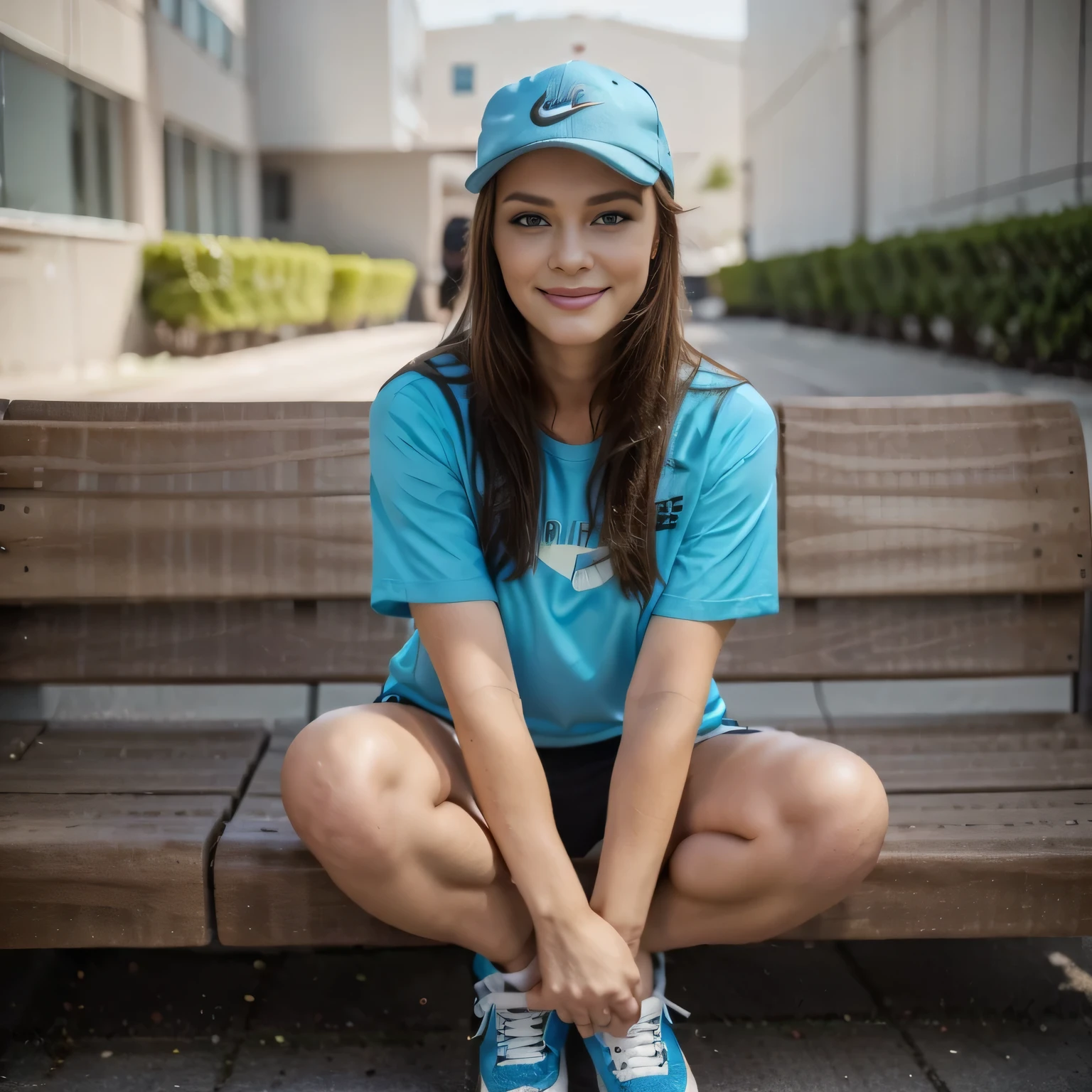 eine Frau, 35 Jahre alt, long brunette hair, strukturierte Haut, romantic smile, viele Details, on a airport, Nike sports outfit, Nike Airforce 1 shoes, (light blue eyes), basecap. 