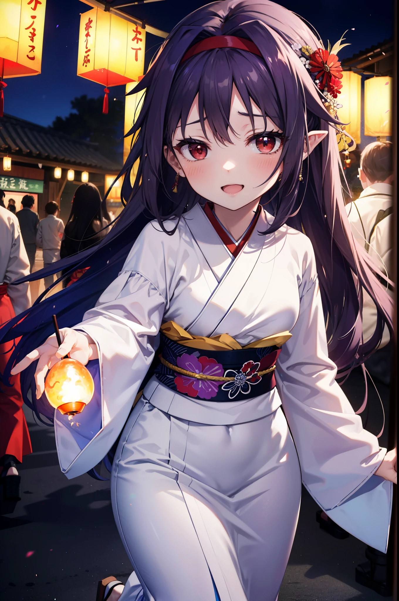 yuukikonno, Konno Yuuki, hair band, Long Hair, Pointed Ears, Purple Hair, (Red eyes:1.5), (Small breasts:1.2), Open your mouth,Open your mouth,Long Hair,happy smile, smile, Open your mouth,Purple Kimono,Long sleeve,Sandals,night空の花火,Fireworks display,Japanese Festivals,Summer festival food stalls,Red Lantern, night,whole bodyがイラストに入るように,Looking down from above,
break outdoors, shrine,                                              break looking at viewer,whole body,(Cowboy Shot:1. 5)
break (masterpiece:1.2), highest quality, High resolution, unity 8k wallpaper, (shape:0.8), (Beautiful and beautiful eyes:1.6), Highly detailed face, Perfect lighting, Highly detailed CG, (Perfect hands, Perfect Anatomy),