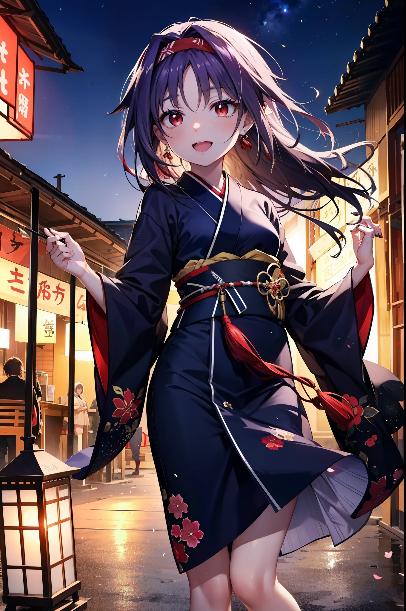 yuukikonno, Konno Yuuki, hair band, Long Hair, Pointed Ears, Purple Hair, (Red eyes:1.5), (Small breasts:1.2), Open your mouth,Open your mouth,Long Hair,happy smile, smile, Open your mouth,Purple Kimono,Long sleeve,Sandals,night空の花火,Fireworks display,Japanese Festivals,Summer festival food stalls,Red Lantern, night,whole bodyがイラストに入るように,Looking down from above,
break outdoors, shrine, break looking at viewer,whole body,(Cowboy Shot:1. 5)
break (masterpiece:1.2), highest quality, High resolution, unity 8k wallpaper, (shape:0.8), (Beautiful and beautiful eyes:1.6), Highly detailed face, Perfect lighting, Highly detailed CG, (Perfect hands, Perfect Anatomy),
