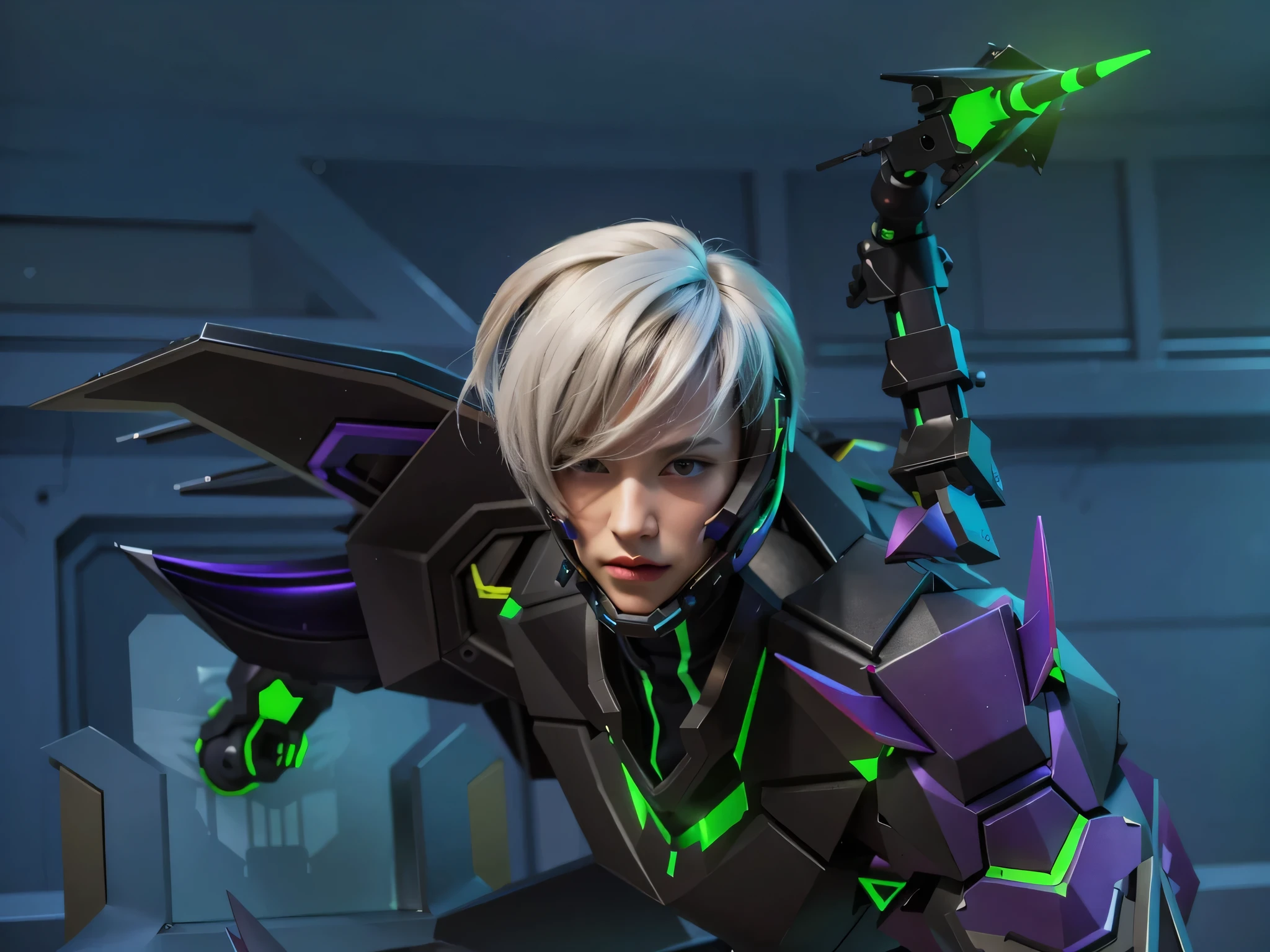 (best quality,4k,8k,highres,masterpiece:1.2),ultra-detailed,(realistic,photorealistic,photo-realistic:1.37),vibrant colors,HDR,studio lighting,sharp focus,close-up,white-haired man,man holding weapon,beautiful detailed eyes,beautiful detailed lips,extremely detailed eyes and face,longeyelashes,elegant dress,serious expression,prince,laboratory background,dramatic lighting