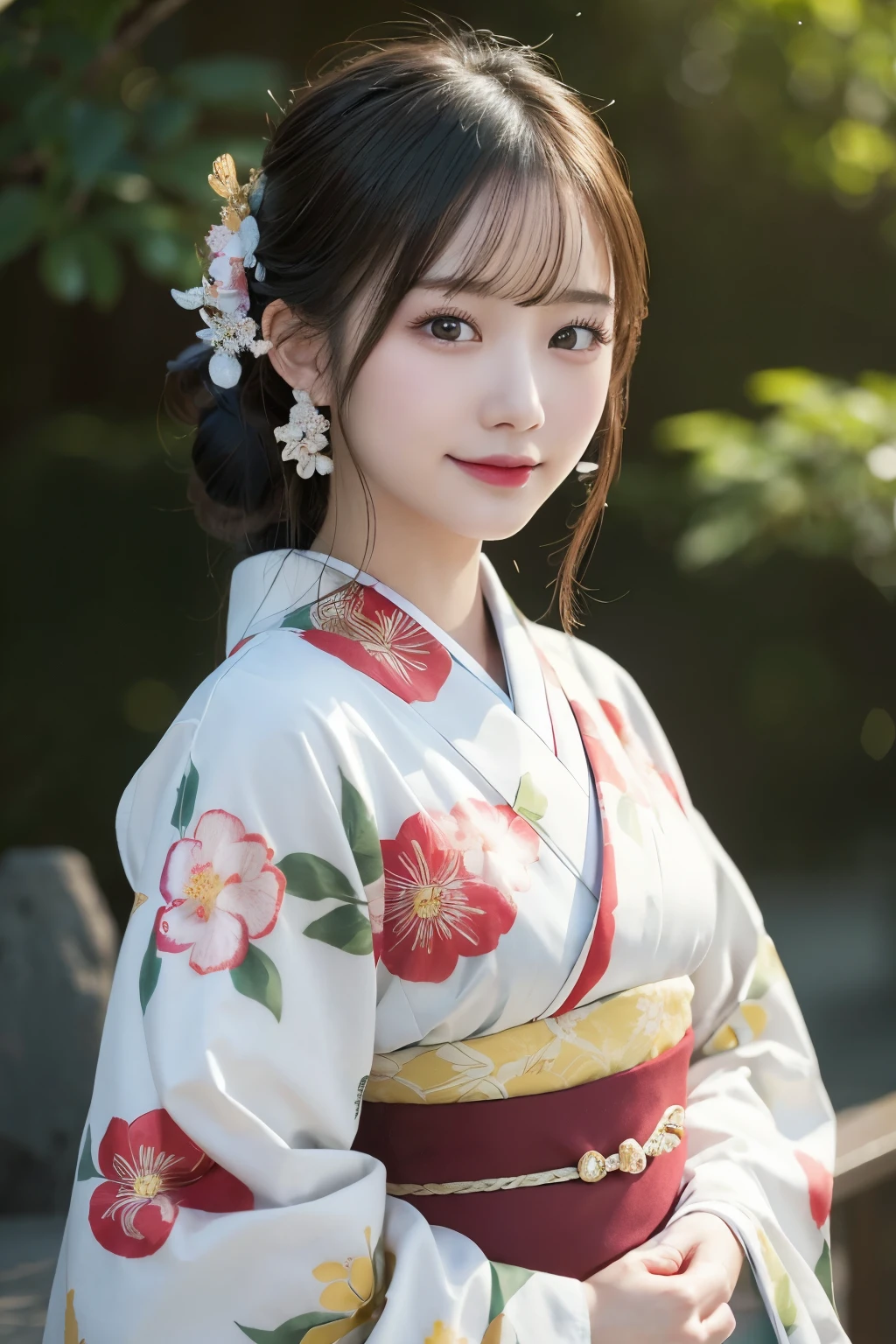 (kimono)、masterpiece、beautiful girl、Beautiful detailed eyes、highest quality, 超A high resolution, (reality: 1.2), Cinema Lighting、(Japanese Girls)、so beautiful、Beautiful Skin、(Looking at the audience)、(Surreal)、(High resolution)、(8k)、(Very detailed)、(Beautiful fine details)、(Very detailed)、 (wallpaper)、Detailed face、Bright lighting、Professional Lighting、Smile