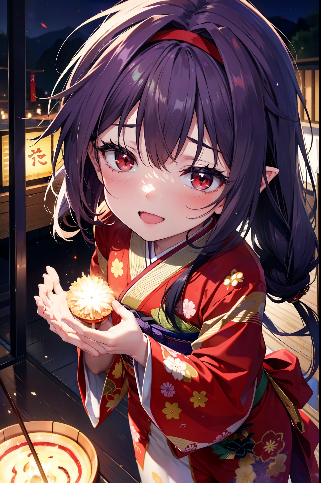 yuukikonno, Konno Yuuki, hair band, Long Hair, Pointed Ears, Purple Hair, (Red eyes:1.5), (Small breasts:1.2), Open your mouth,Open your mouth,Long Hair,happy smile, smile, Open your mouth,Purple Kimono,Long sleeve,Sandals,night空の花火,Fireworks display,Japanese Festivals,Summer festival food stalls,Red Lantern, night,whole bodyがイラストに入るように,Looking down from above,
break outdoors, shrine, break looking at viewer,whole body,(Cowboy Shot:1. 5)
break (masterpiece:1.2), highest quality, High resolution, unity 8k wallpaper, (shape:0.8), (Beautiful and beautiful eyes:1.6), Highly detailed face, Perfect lighting, Highly detailed CG, (Perfect hands, Perfect Anatomy),