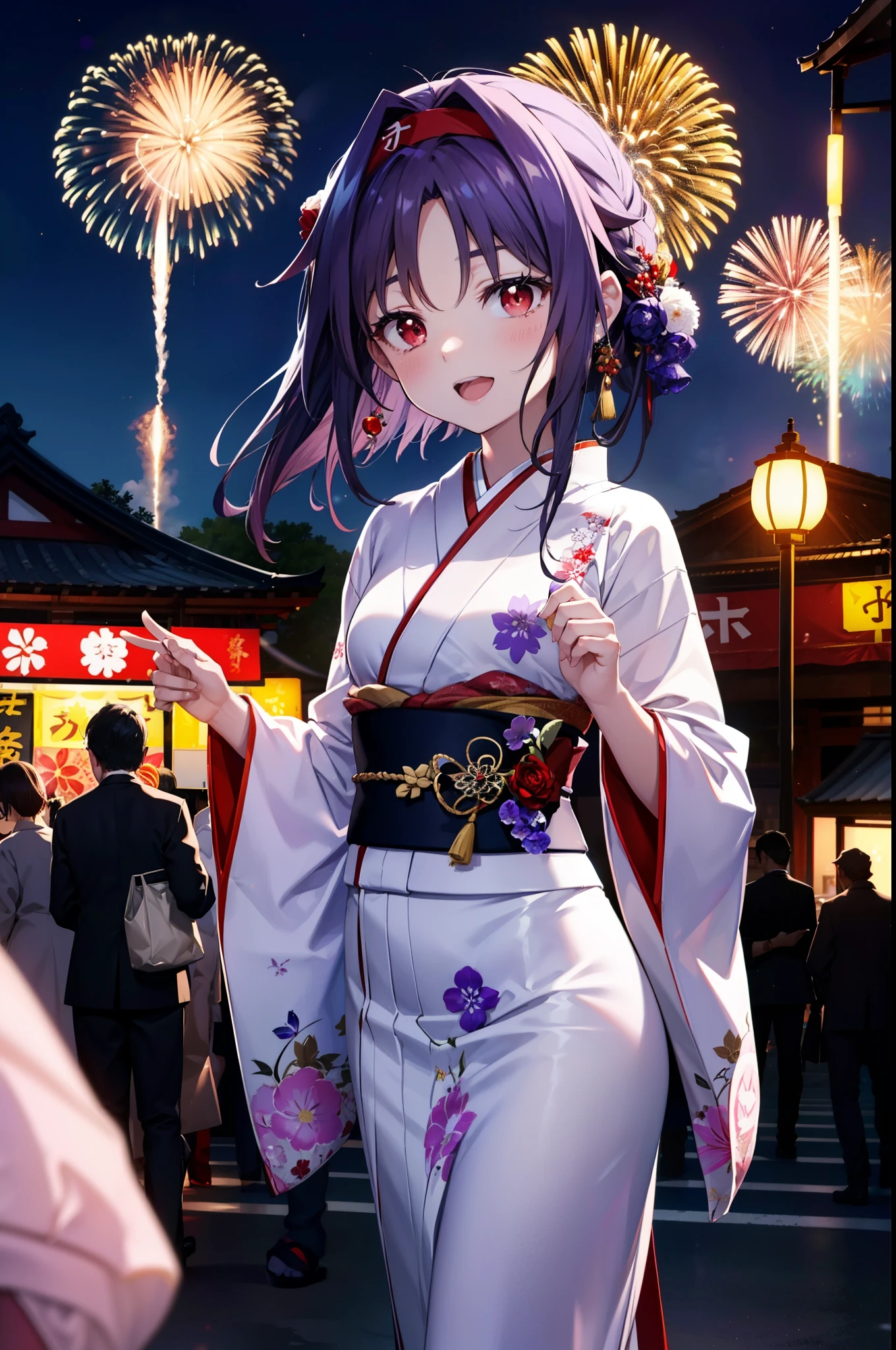 yuukikonno, Konno Yuuki, hair band, Long Hair, Pointed Ears, Purple Hair, (Red eyes:1.5), (Small breasts:1.2), Open your mouth,Open your mouth,Long Hair,happy smile, smile, Open your mouth,Purple Kimono,Long sleeve,Sandals,night空の花火,Fireworks display,Japanese Festivals,Summer festival food stalls,Red Lantern, night,whole bodyがイラストに入るように,Looking down from above,
break outdoors, shrine,                                              break looking at viewer,whole body,(Cowboy Shot:1. 5)
break (masterpiece:1.2), highest quality, High resolution, unity 8k wallpaper, (shape:0.8), (Beautiful and beautiful eyes:1.6), Highly detailed face, Perfect lighting, Highly detailed CG, (Perfect hands, Perfect Anatomy),