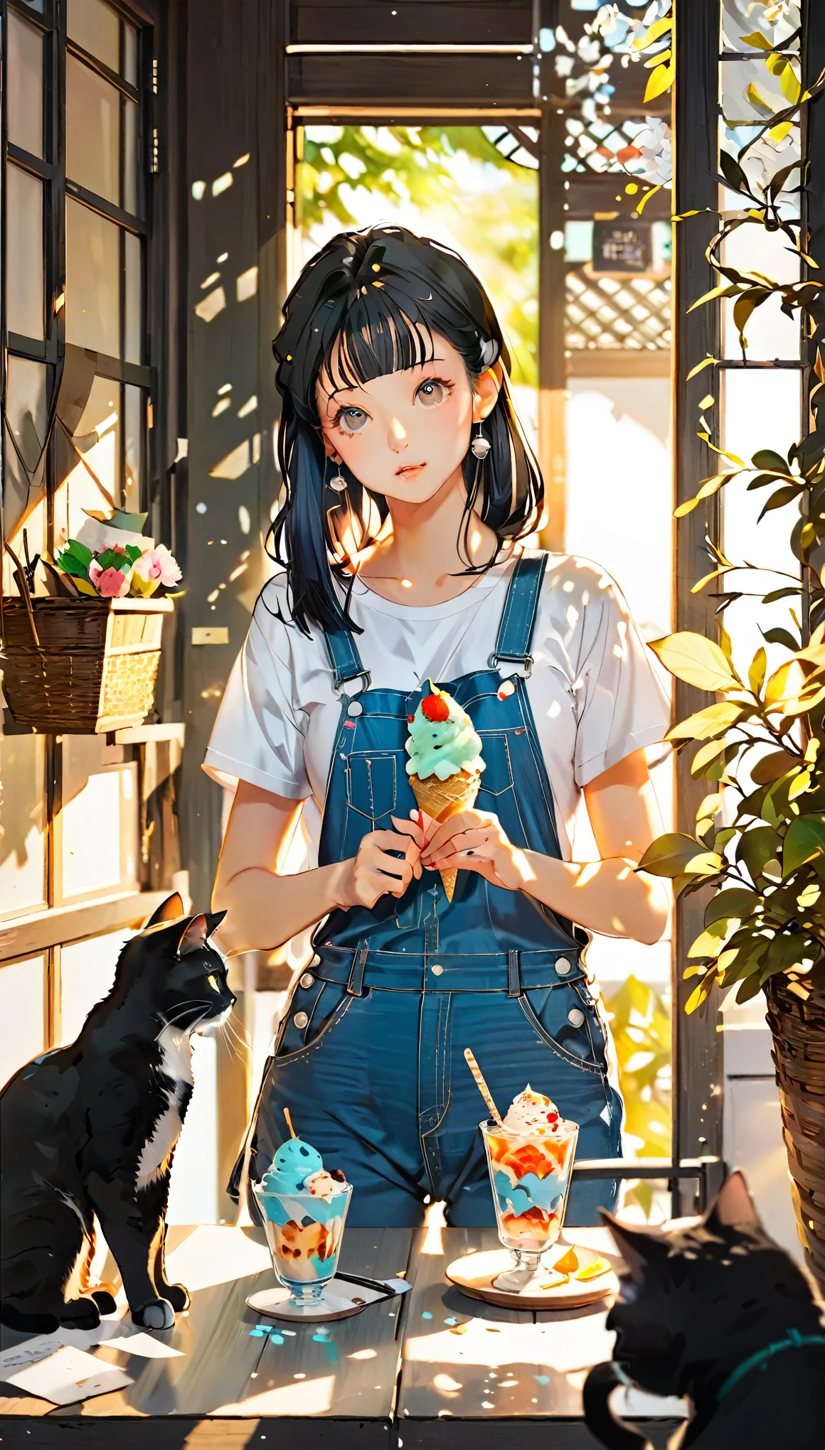 paper cutting style, 1 girl and 1 cat, black medium hair, straight hair, white T-shirts, denim overall, ice cream, sunlight, portfolio