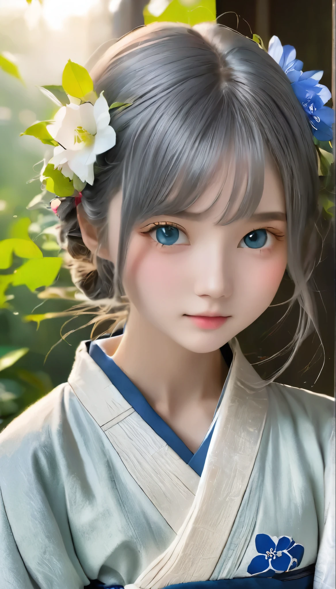 (((RAWphotograph:1.3、Realistic、Ultra-realism)))、highest quality, Tabletop, High resolution, (((One Girl))), ,(((eyes are gray:1.3)))、Gray kimono、((美しいGray kimono)), Tyndall effect, Realistic, Shadow Studio,Ultramarine Lighting, Dual Tone Lighting, (High Definition Skins: 1.2)、Pale colored lighting、Dim lighting、 Digital SLR, photograph, High resolution, 4K, 8k, Background Blur,Beautiful fade out、gray flower world