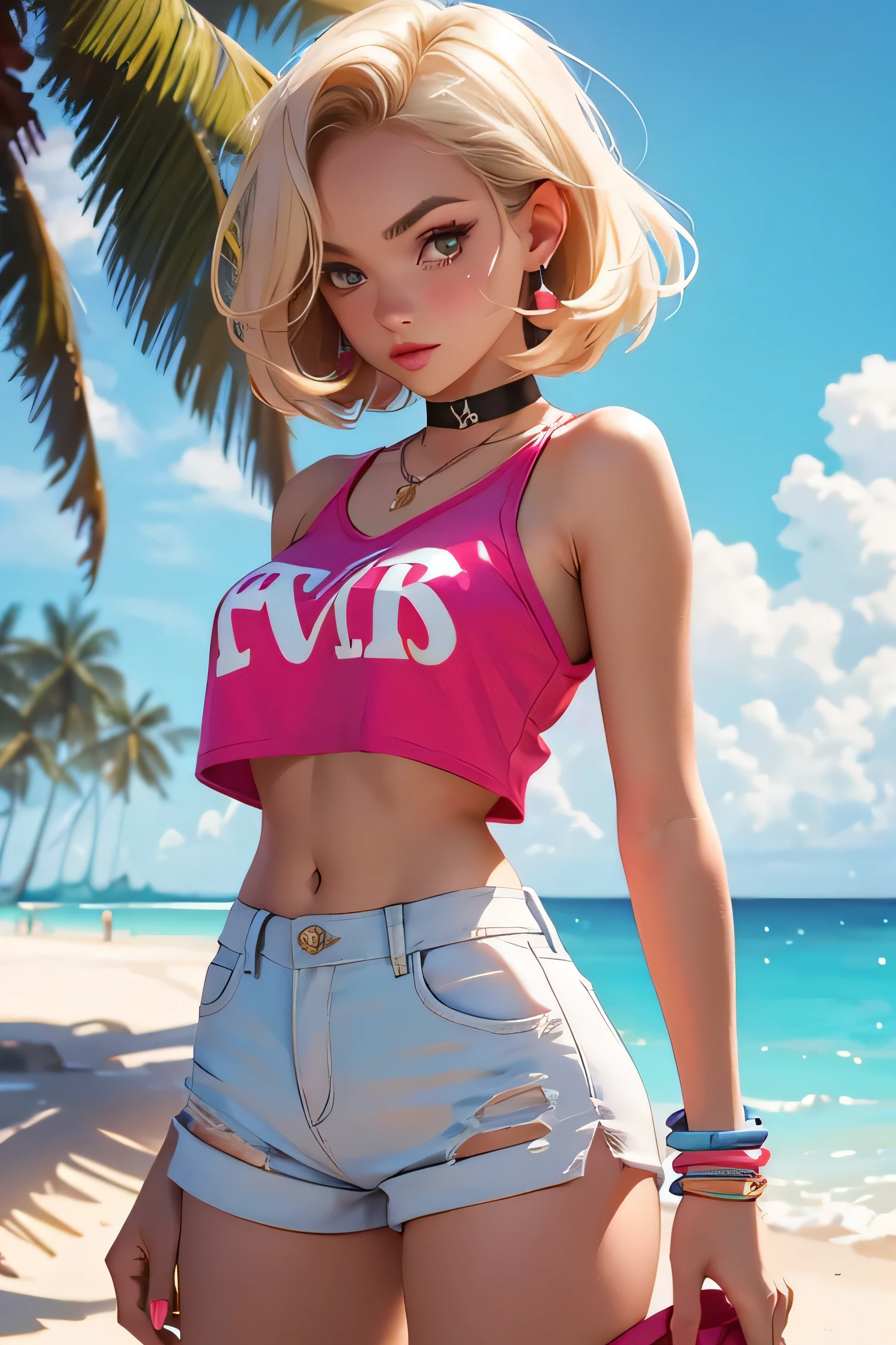 age girl-model 18 years old, beautiful, blonde, bob hair, bangs, brown eyes, beautiful figure, girl wearing crop shirt and too short mini shorts, beautiful long legs, slave bracelets, slave choker, manicure, cute makeup, flirtatiously posing, hot summer, hot flirty, sexy posing, summer outfit, top quality, higest quality, pin-up style, retro 80s style, Daisy Dukes style, slave girl, Miami vibes,
