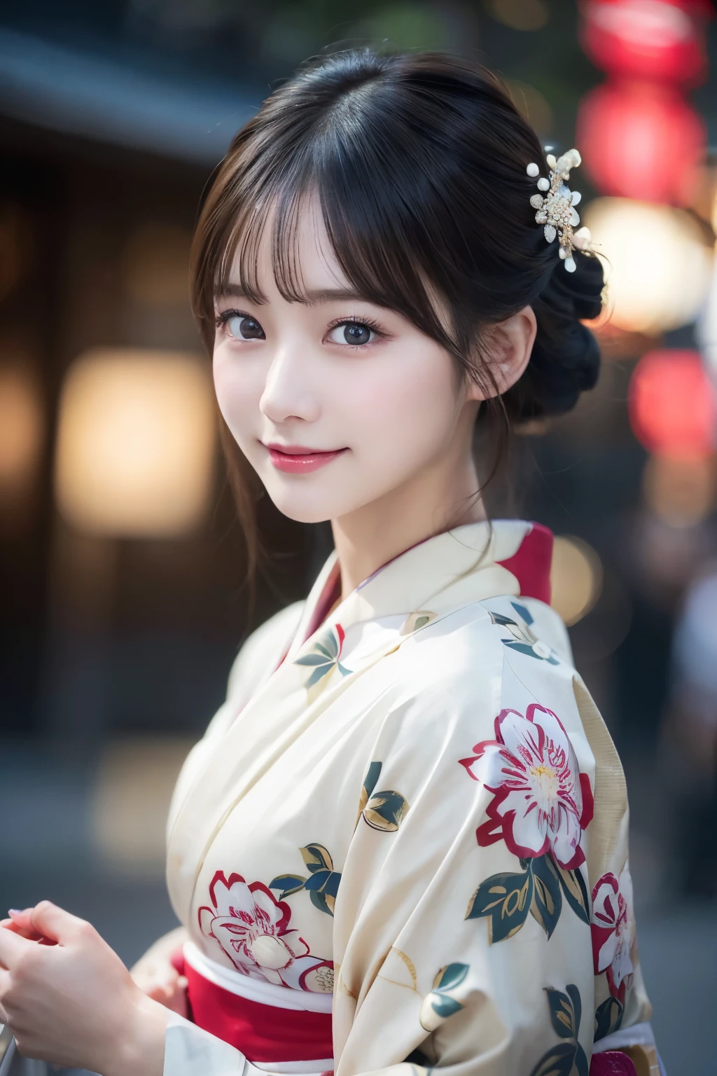 （kimono）、masterpiece、beautiful girl、Beautiful detailed eyes、highest quality, 超A high resolution, (reality: 1.2), Cinema Lighting、(Japanese Girls)、so beautiful、Beautiful Skin、(Looking at the audience)、(Surreal)、(High resolution)、(8k)、(Very detailed)、(Beautiful fine details)、(Very detailed)、 (wallpaper)、Detailed face、Bright lighting、Professional Lighting、Smile