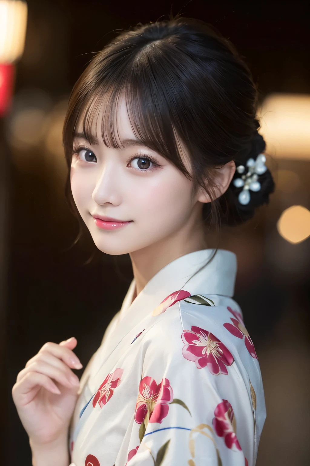 （kimono）、masterpiece、beautiful girl、Beautiful detailed eyes、highest quality, 超A high resolution, (reality: 1.2), Cinema Lighting、(Japanese Girls)、so beautiful、Beautiful Skin、(Looking at the audience)、(Surreal)、(High resolution)、(8k)、(Very detailed)、(Beautiful fine details)、(Very detailed)、 (wallpaper)、Detailed face、Bright lighting、Professional Lighting、Smile