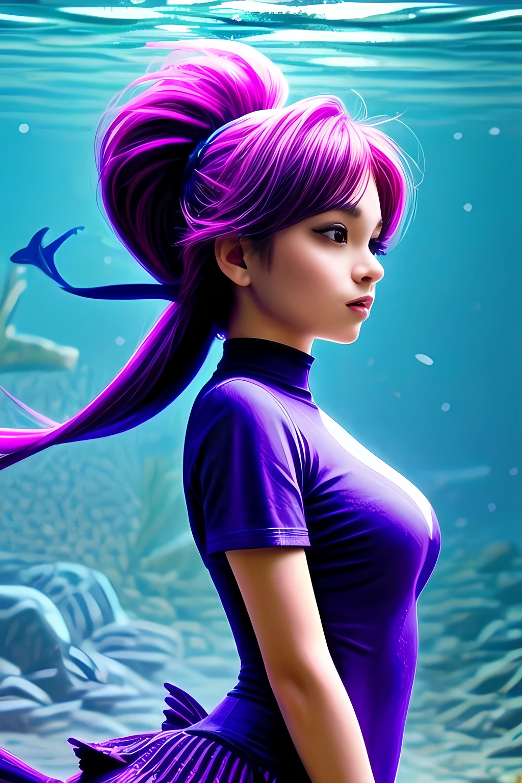 The Little Mermaid, under the sea, detailed fish tail, high-neck shirts, front view, large breasts