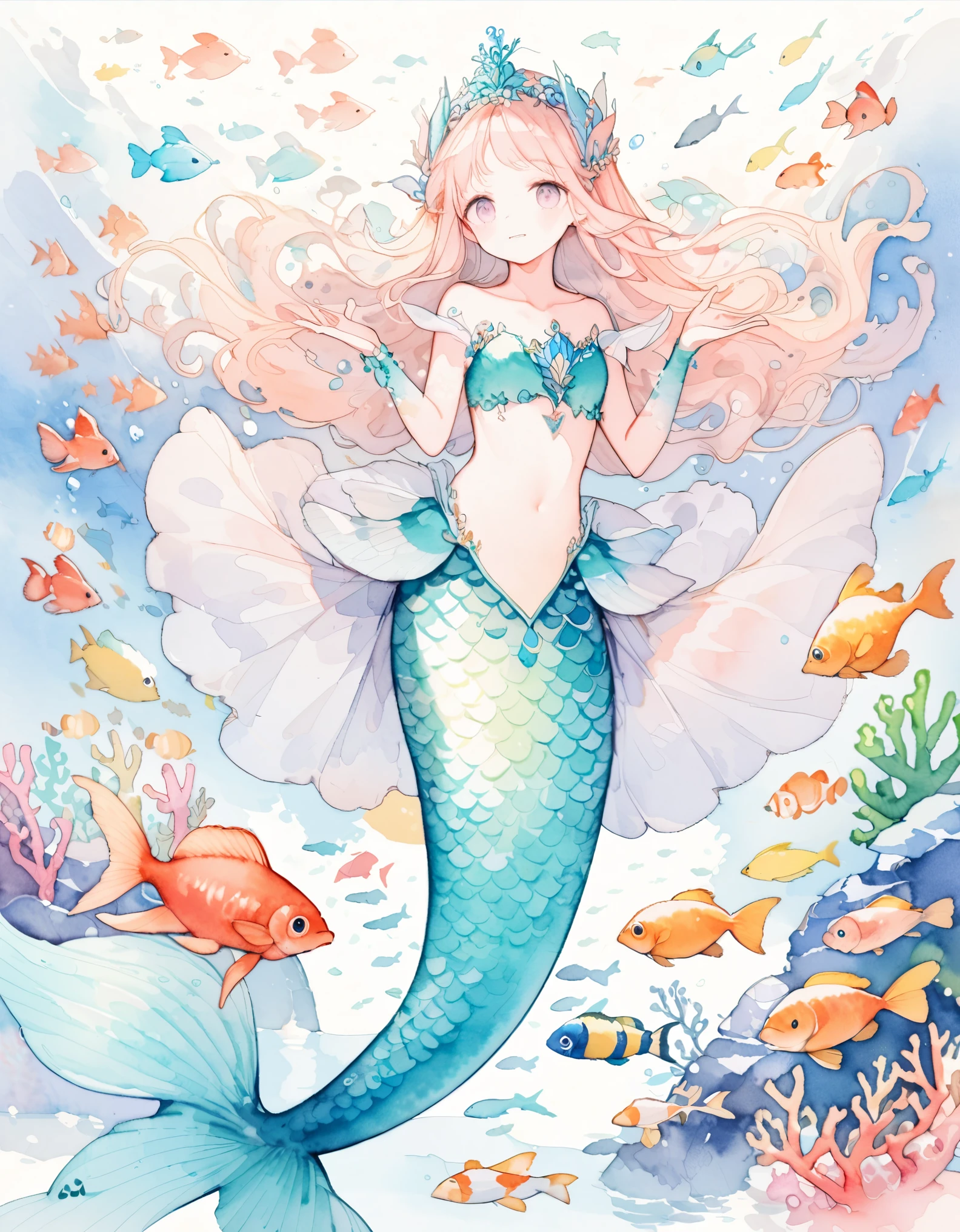 Beautiful girl in a mermaid costume, Mermaid Princess, Singing in the ocean surrounded by colorful fish and coral, Random Pause:1.4 , ((sing人魚)), sing, Detailed hand and fingers, Perfect Anatomy, Watercolor, pale colour, Whimsical and delicate, pastel colour, Like an illustration in a children&#39;s book, Delicate brushstrokes,
