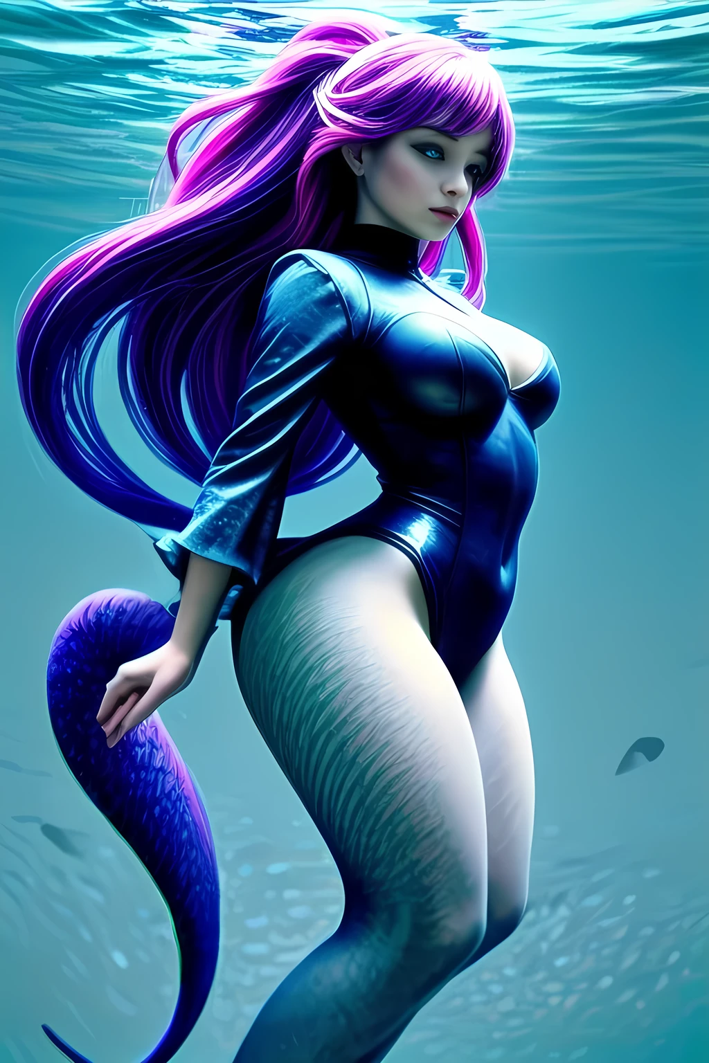 The Little Mermaid, under the sea, detailed fish tail, high-neck shirts, front view, large breasts