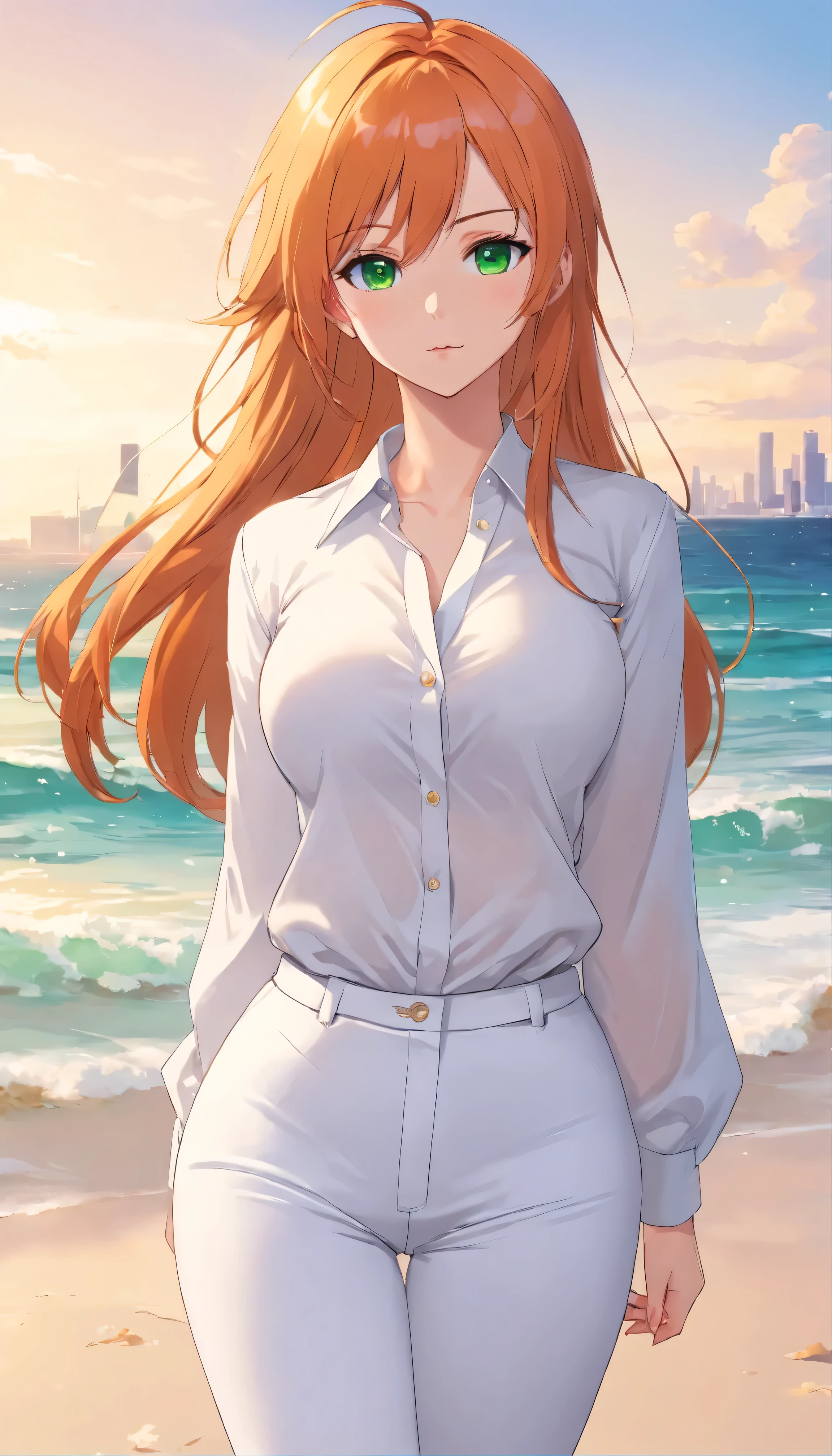 (masterpiece, Best quality), 8K, ultra detailed, realistic photo, Detailed face, perfect lighting, green eyes, bright orange hair, bright hair, fox ears, nice legs, side photo, beautiful, Cute, skin pores, 1 girl, perfect shirt, fully dressed, beautiful women 30 years old, Beautiful proportions, Russian woman, Caucasian, European, Business lady, stunningly beautiful woman, mother, thick legs, show ass, big breasts, (Thin white shirt:1.4), thick, hot, (White Office Wear:1.4), tight pants, (wide hips:1.2), thick, (white Office pants:1.3), spread your legs, Legs open, full length, wide hips, Glasses, with long orange hair, standing on the beach near the ocean, green eyes detailed digital anime art, cat ear, anime girl with long hair, гладкое аниме cg art, anime girl with long hair, digital anime art, work in Guweiz style, Beautiful anime portrait, Photorealistic render of an anime girl, pantyhose, Beautiful anime girl, advanced digital anime art, guweiz на artstation pixiv HD UHD HQ