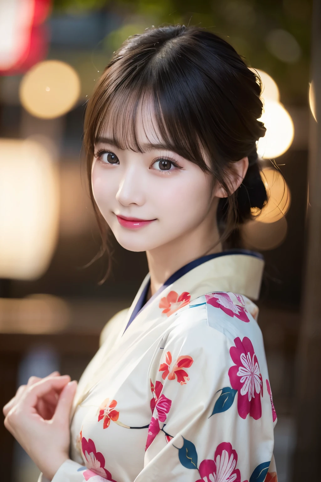 (kimono)、masterpiece、beautiful girl、Beautiful detailed eyes、highest quality, 超A high resolution, (reality: 1.2), Cinema Lighting、(Japanese Girls)、so beautiful、Beautiful Skin、(Looking at the audience)、(Surreal)、(High resolution)、(8k)、(Very detailed)、(Beautiful fine details)、(Very detailed)、 (wallpaper)、Detailed face、Bright lighting、Professional Lighting、Smile