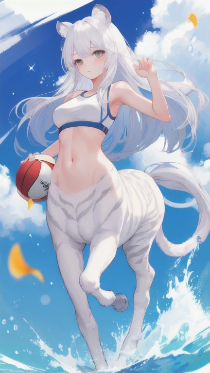 (best quality, masterpiece), 1 girl, centaur, It takes, sports bra, 아름다운 소녀 perfect white tiger photo, perfect white tiger photo