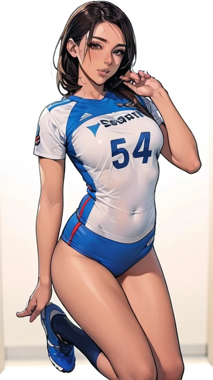 ((masterpiece)),(((best quality))),((character design sheet)),((rough sketch)),((vulgar)),thick thighs,1girl,blond hair,big ,((between breasts)),pussy juice,wearing an Wet sexual soccer uniform and soccer shoes,shirt harf lift,milking