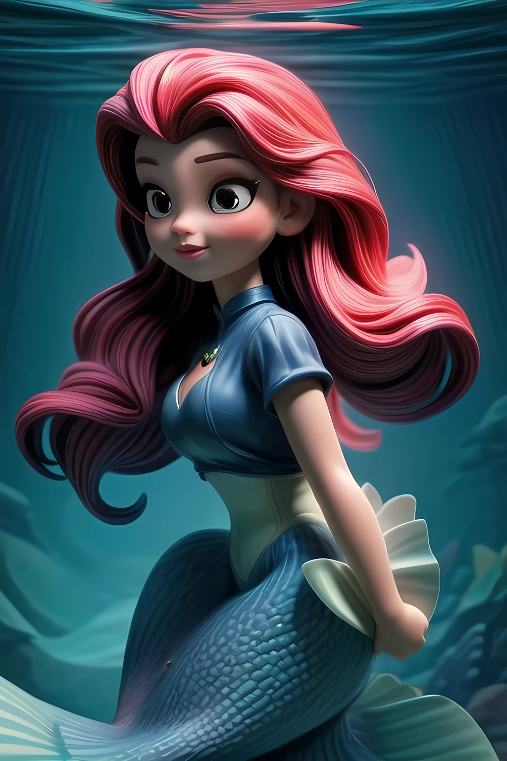 The Little Mermaid, under the sea, detailed fish tail, high-neck shirts, front view, large breasts