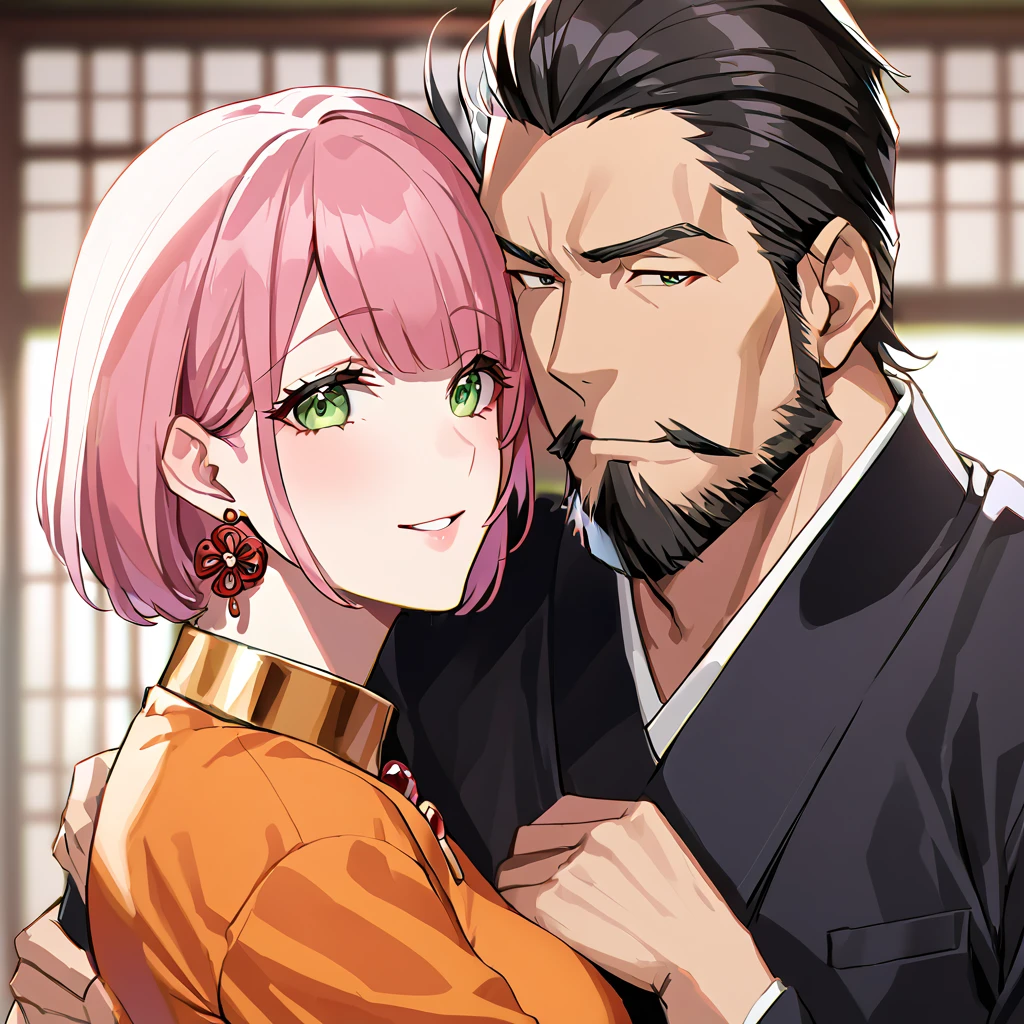 ((highest quality)), ((masterpiece)), (detailed), (Perfect Face)、(The woman is Rena, with short pink hair, a happy smile and is in a luxurious samurai mansion.、The woman is wearing an orange mini dress and lavish accessories such as earrings and a necklace.)、A husband and wife are peacefully close together, the woman leans on her husband and the man embraces his wife. The husband is 60 years old and the wife is 32 years old.、The man is Oda Nobunaga, with his dignified beard and topknot, wearing formal attire such as a hakama.
