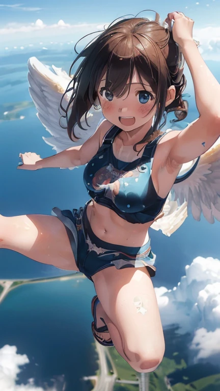{(ultra realistic photo graphic style:1.4)}, {(1girl free_fall from 10000m above the ground:1.2), (out of focus background:1.4)}, {1girl, 18yo}, {(angel's wings:1.4),(ancient roman sandals:1.2),(navel), (sideboob)}, {(cheerful:1.4), (candid shot)}