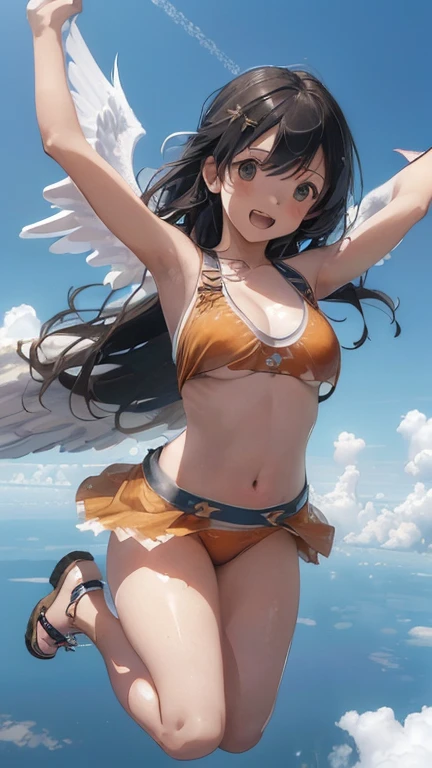 {(ultra realistic photo graphic style:1.4)}, {(1girl free_fall from 10000m above the ground:1.2), (out of focus background:1.4)}, {1girl, 18yo}, {(angel's wings:1.4),(ancient roman sandals:1.2),(navel), (sideboob)}, {(cheerful:1.4), (candid shot)}