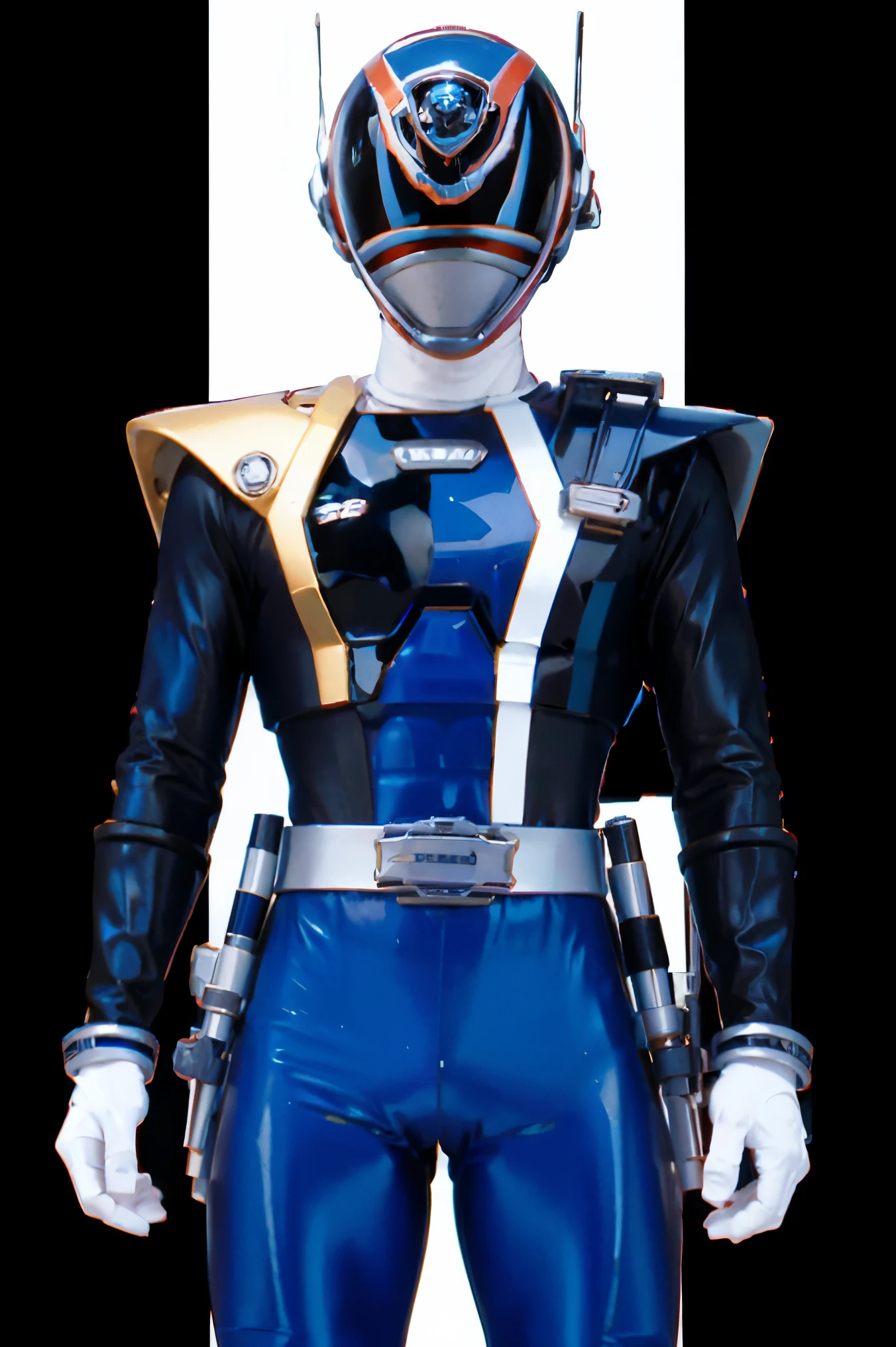 SPD power ranger suit of armor, helmet,,  (power rangers)), One guy、gold, white based, red and blue chest armor   costume, Solo, ((fit figure)), (Anatomically correct), Cowboy shot, masked face, guns, muscular build