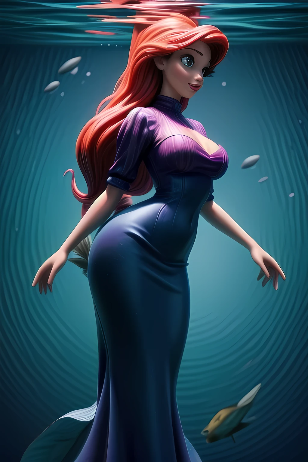 The Little Mermaid, under the sea, detailed fish tail, high-neck shirts, front view, large breasts