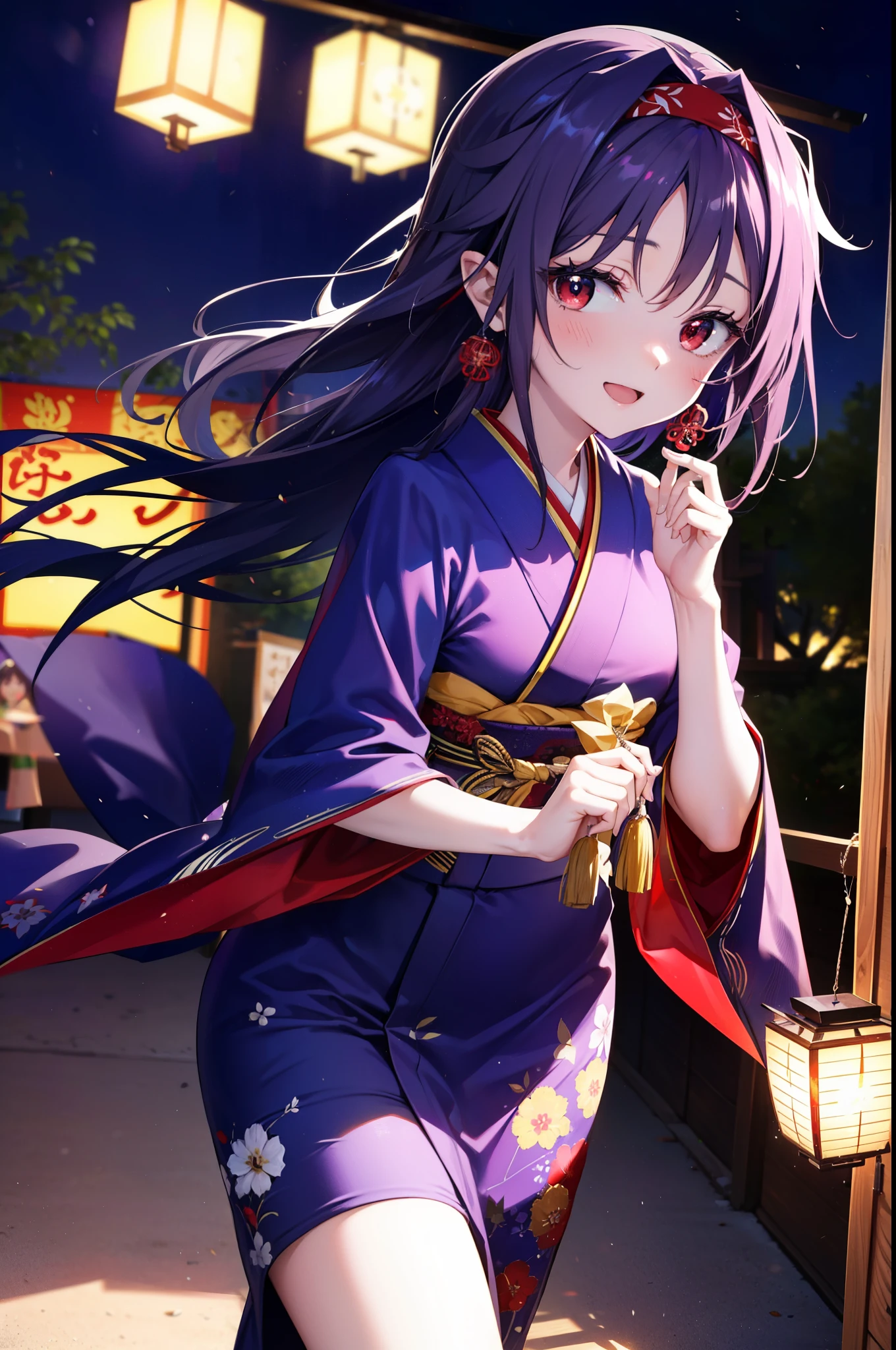 yuukikonno, Konno Yuuki, hair band, Long Hair, Pointed Ears, Purple Hair, (Red eyes:1.5), (Small breasts:1.2), Open your mouth,Open your mouth,Long Hair,happy smile, smile, Open your mouth,Purple Kimono,Long sleeve,Sandals,night空の花火,Fireworks display,Japanese Festivals,Summer festival food stalls,Red Lantern, night,whole bodyがイラストに入るように,Looking down from above,
break outdoors, shrine,                                              break looking at viewer,whole body,(Cowboy Shot:1. 5)
break (masterpiece:1.2), highest quality, High resolution, unity 8k wallpaper, (shape:0.8), (Beautiful and beautiful eyes:1.6), Highly detailed face, Perfect lighting, Highly detailed CG, (Perfect hands, Perfect Anatomy),