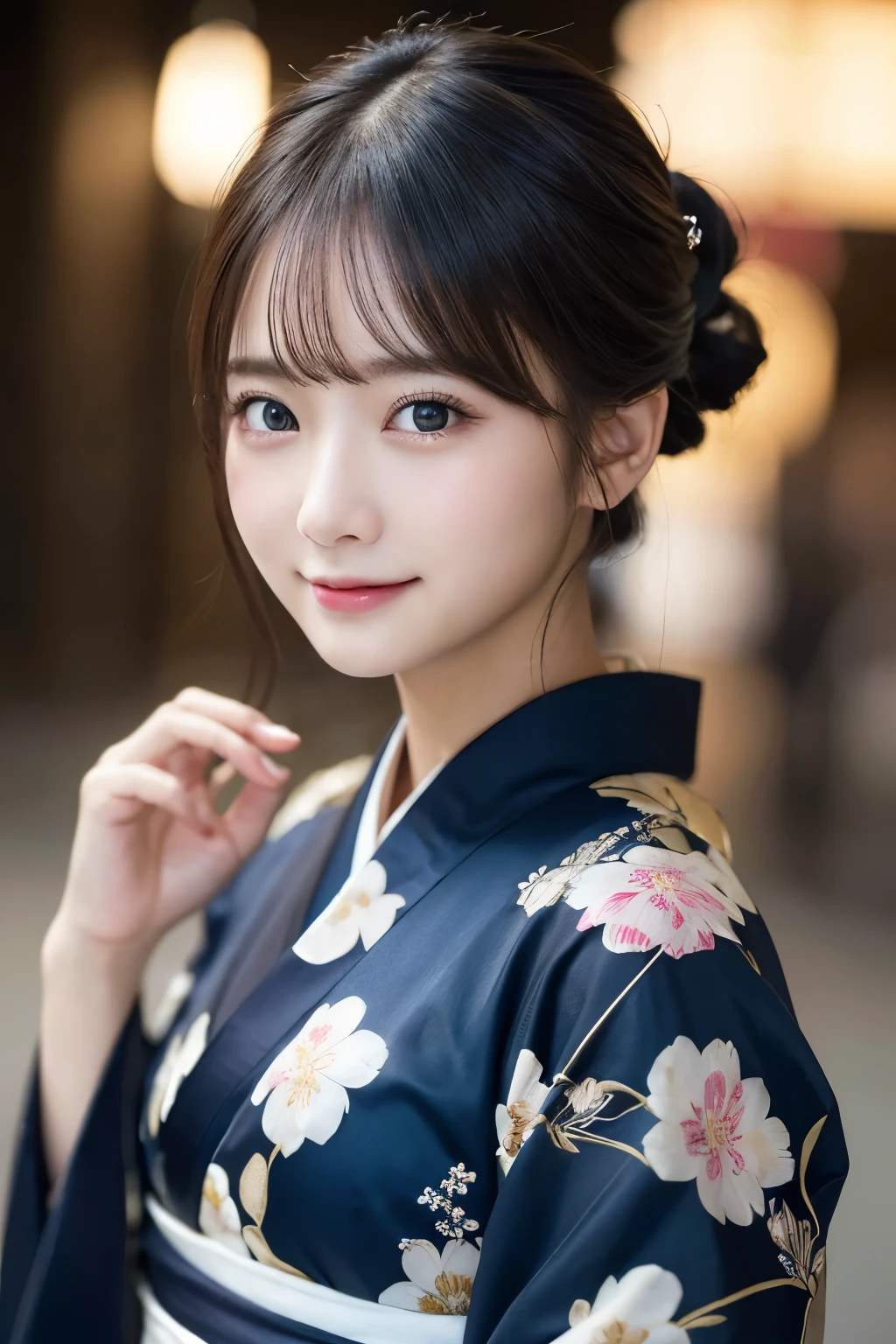 (formal kimono)、masterpiece、beautiful girl、Beautiful detailed eyes、highest quality, 超A high resolution, (reality: 1.3), Cinema Lighting、(Japanese Girls)、so beautiful、Beautiful Skin、(Looking at the audience)、(Surreal)、(High resolution)、(8k)、(Very detailed)、(Beautiful fine details)、(Very detailed)、 (wallpaper)、Detailed face、Bright lighting、Professional Lighting、Smile