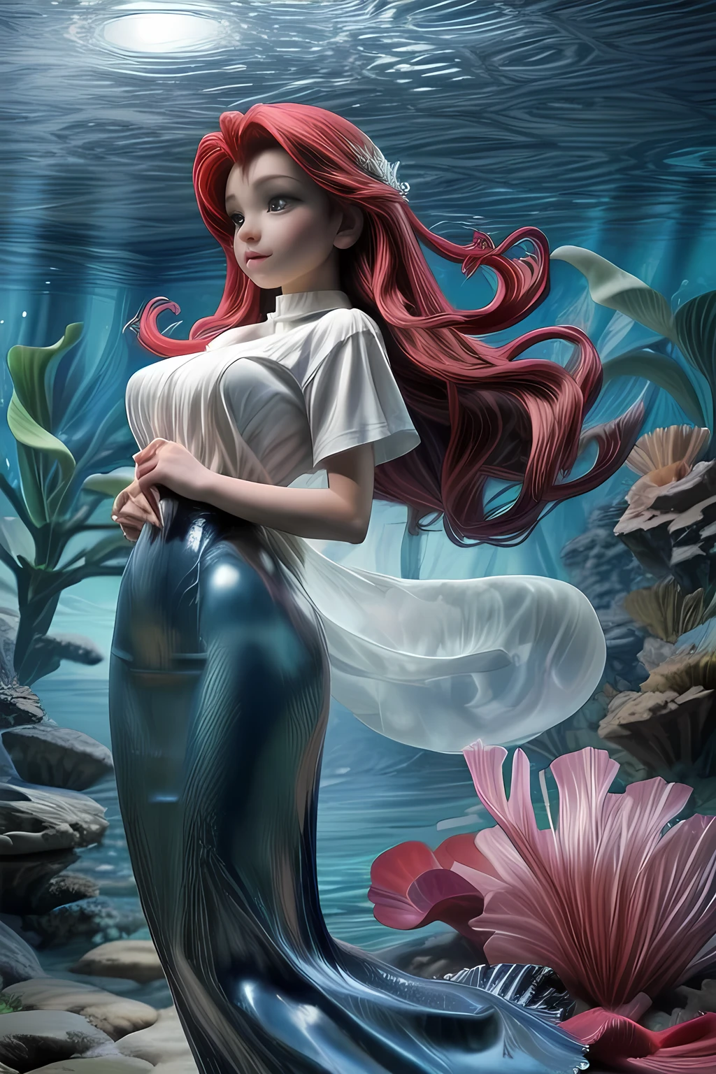 The Little Mermaid, under the sea, detailed fish tail, high-neck shirts, front view, large breasts