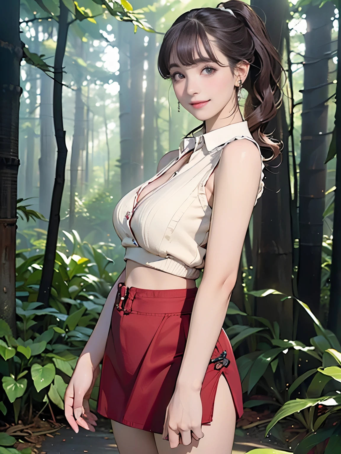 ((((highest quality))))、(((Ultra-precision CG16K wallpaper)))、(((masterpiece)))、(((Super detailed)))、(((Extreme detail)))、((1Mature 29 year old woman:1.6))、((Very beautiful Japanese faces))、((Zuo々Nozomi:1.5))、((Soft wavy ponytail hair、blunt bangs:1.5))、(Shiny brown hair)、Beautiful delicate eyes、Brown Eyes、eyeliner、Eyeshadow、High nose、Small nostrils、Small Mouth、Seductive lips、Beautiful breasts、((C cup size breasts))、Cleavage、Beautiful feet、eight-headed body、Perfect proportions、Perfect Anatomy、Perfect composition、Beautiful detailed shading、Beautiful, natural lighting、Beautiful detail glow、Depth of written boundary、(((High chroma)))、(((Real:1.9)))、((vivid:1.5))、((Beautiful Skin))、((Skin Texture))、((Realな皮膚感))、(((Cowboy Shot:1.6)))、((front view、shoot from front、Front low angle:1.6))、(((smile:1.5)))、((The woman is looking at this、looking at viewer、Facing forward:1.6))、Bright daylight、Natural light、(((in the forest:1.5)))、(Walking Pose:1.6)、(((Ivory cream collared sleeveless cropped rib knit shirt、Wine red low rise micro mini slit skirt:1.6)))、((Earrings、Wearing a necklace:1.3))、((Knee-high socks:1.5))、