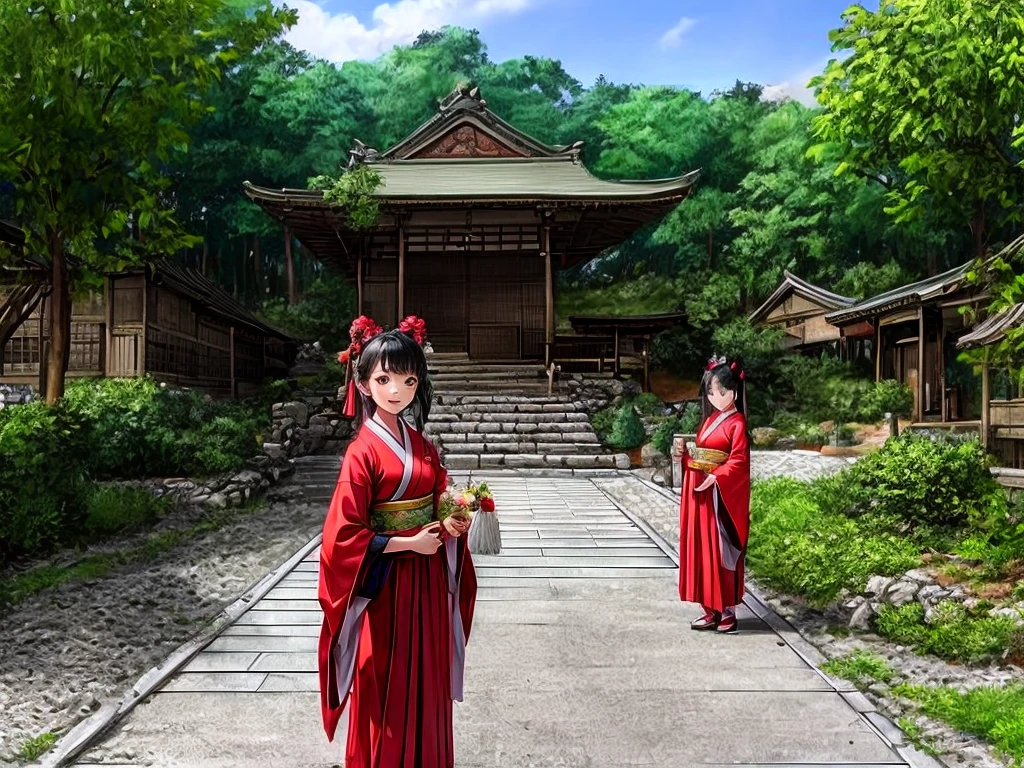 Inside a rural shrine。Young girls dressed in Heian period costumes playing the role of maids are standing with smiles on their faces.。The head priests of the shrine are also standing.。