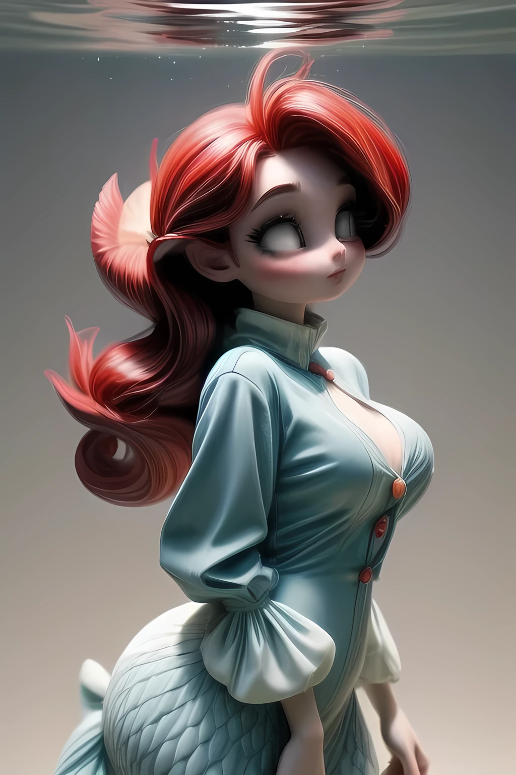 The Little Mermaid, under the sea, detailed fish tail, high-neck shirts, front view, large breasts