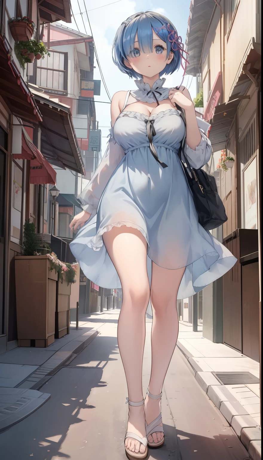 One Girl、Rem from Re:Zero、positive、Standing posture、Full body portrait、Black Hair、Medium Haircut、blush、Absolute area、No panties、No bra、barefoot、Light blue dress、Off-the-shoulder dress、(Very large breasts)、Cleavage、((Lesbians around the world))、masterpiece、(highest quality)、barefoot、White Sandals、Shirt buttons fly off、Unbutton your shirt、Exposing the breasts、In town、Main Street、In front of the station