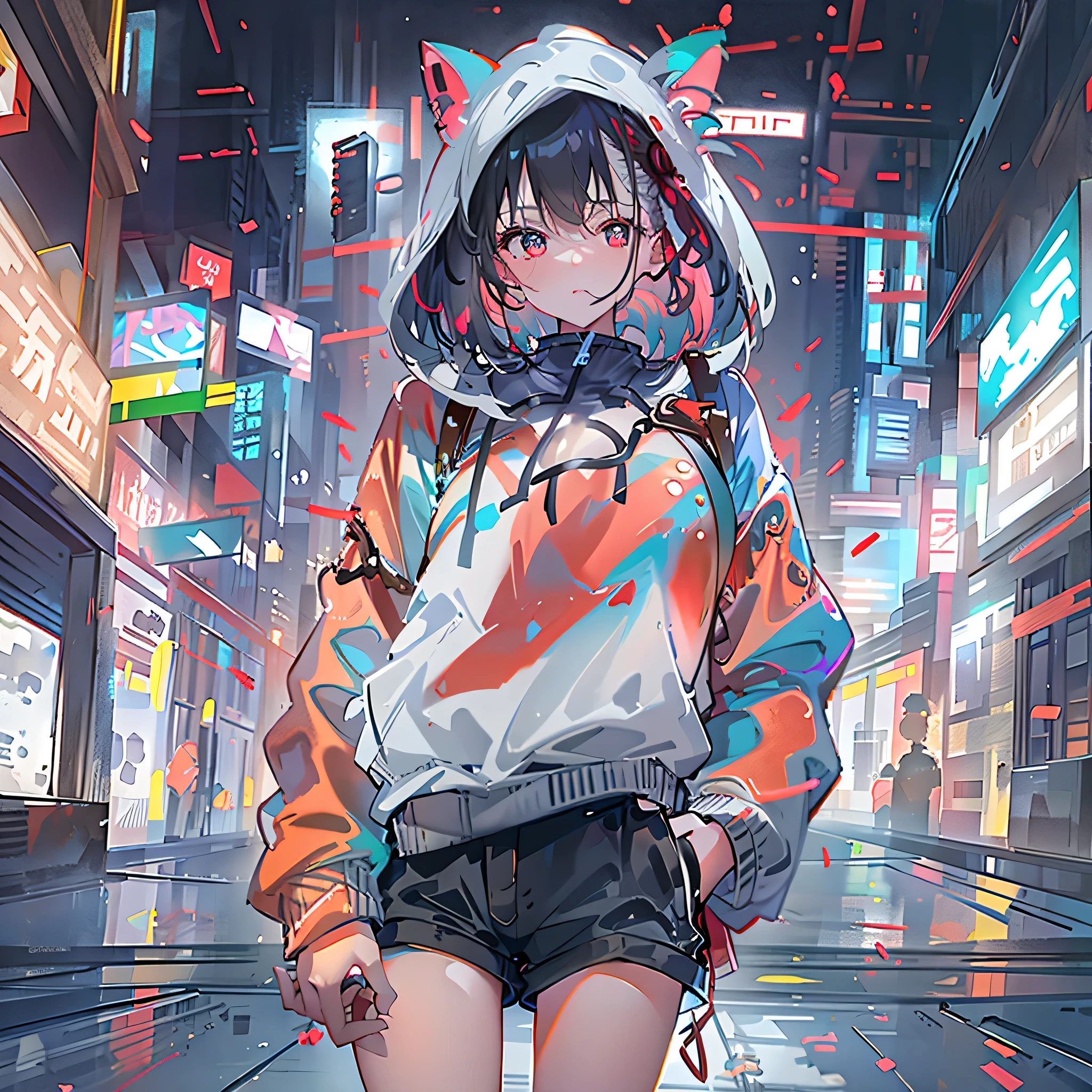 8K resolution、((top-quality))、((masterwork))、((ultra-detailliert))、1 woman、solo、incredibly absurdness、Oversized Hoodies、white earphone、street、plein air、Sateen、neons、Shortcut Hair、Brightly colored eyes、Hands in pockets、shortpants、really cute