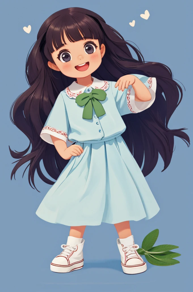 Standing on the tongue of heaven, 1 girl, a smile, in a cute pose,  big eyes, long navy hair, teddy bear, super  detail, wearing sage blouse, white shoes, cartoon style, white background, collorfull